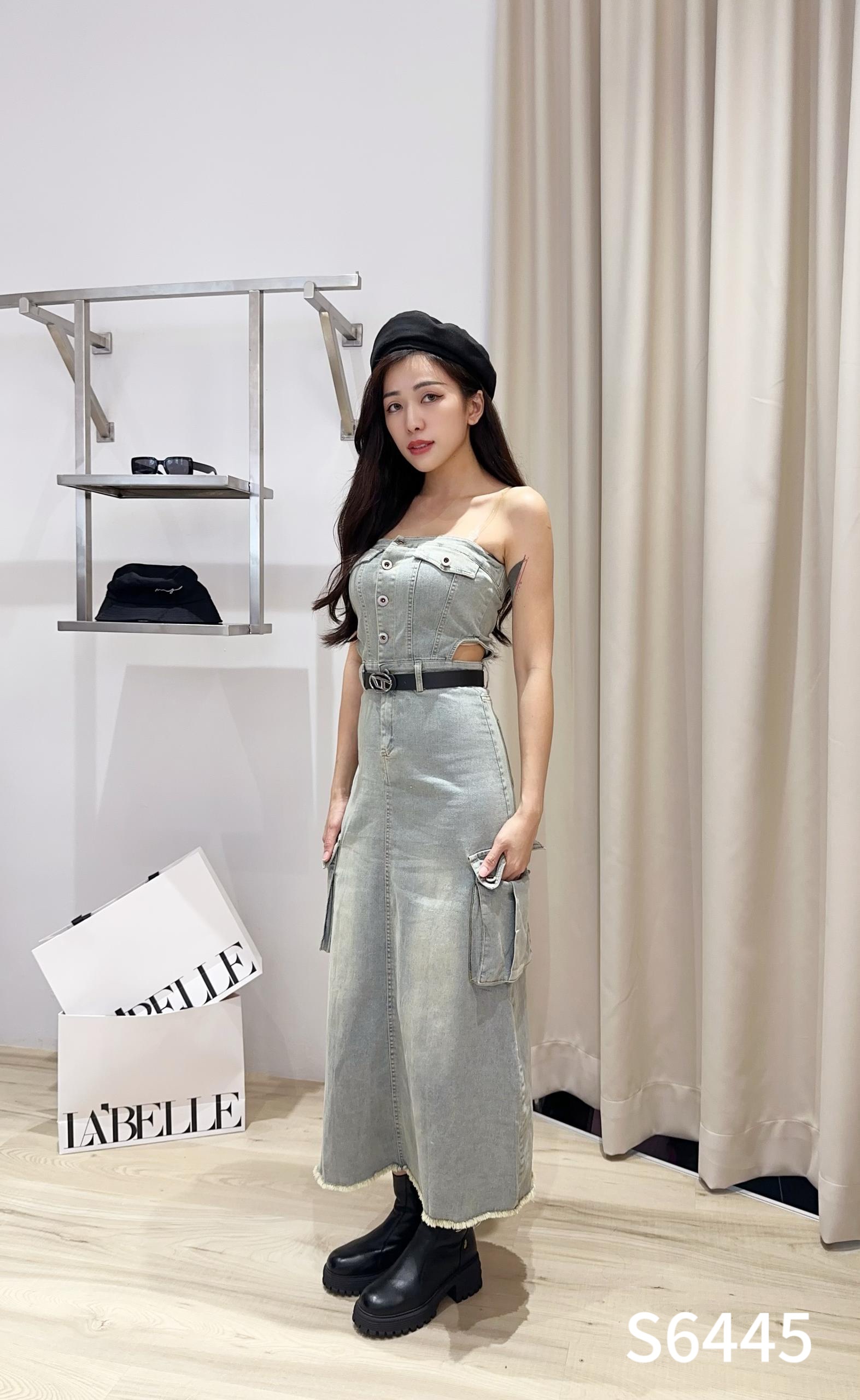 酷帅抹胸镂空设计牛仔连身裙 (S6445)