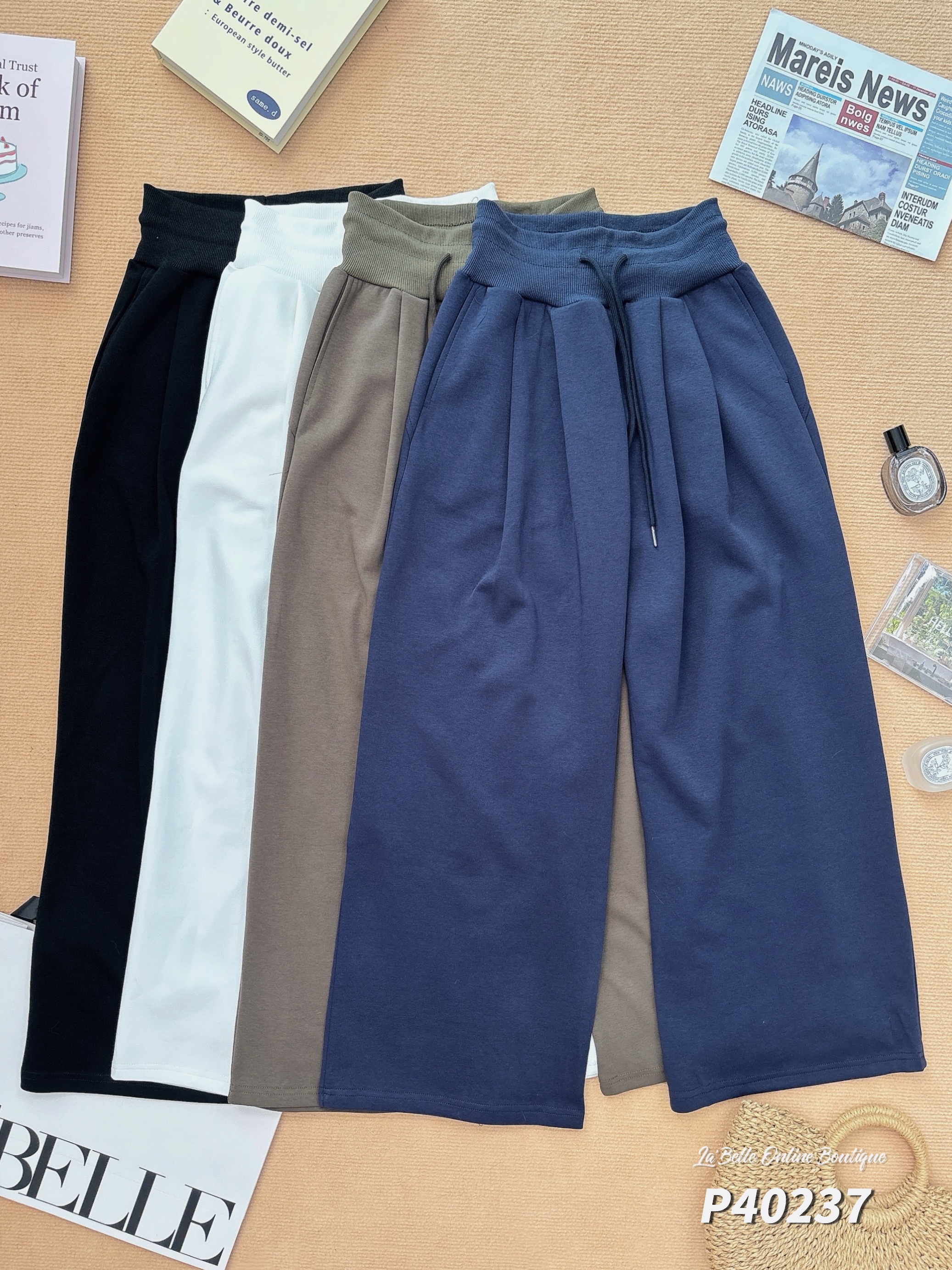 休闲抽绳设计直筒阔腿长裤 (P40237)