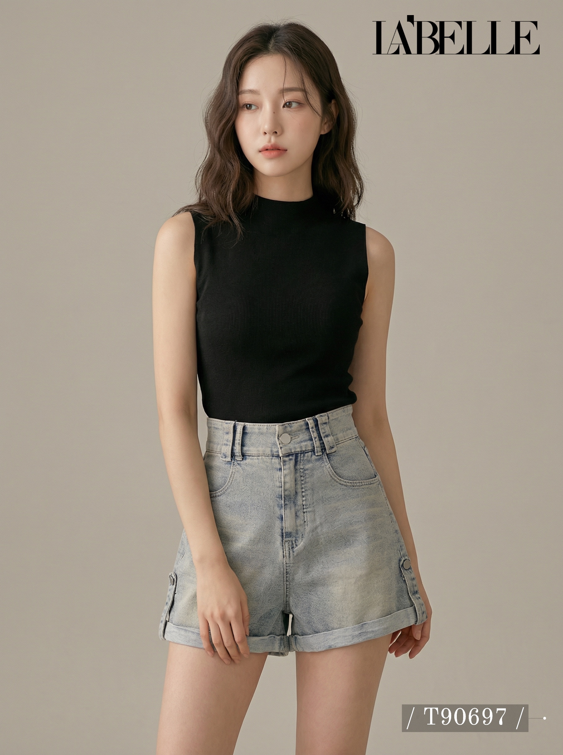 韩系纯色半高领针织无袖上衣 (T90697)