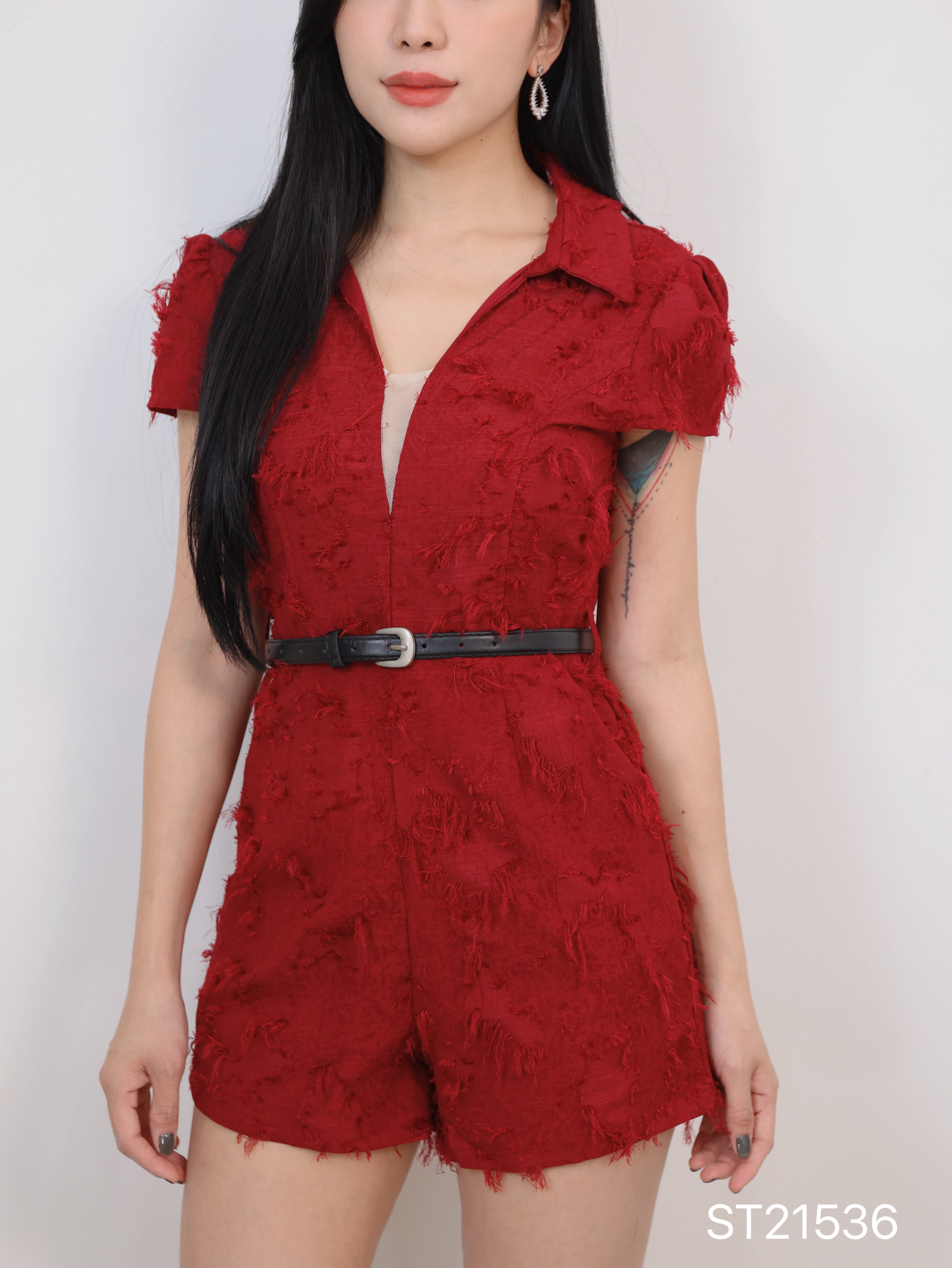 小香风微透V领流苏设计连身裤 (ST21536)