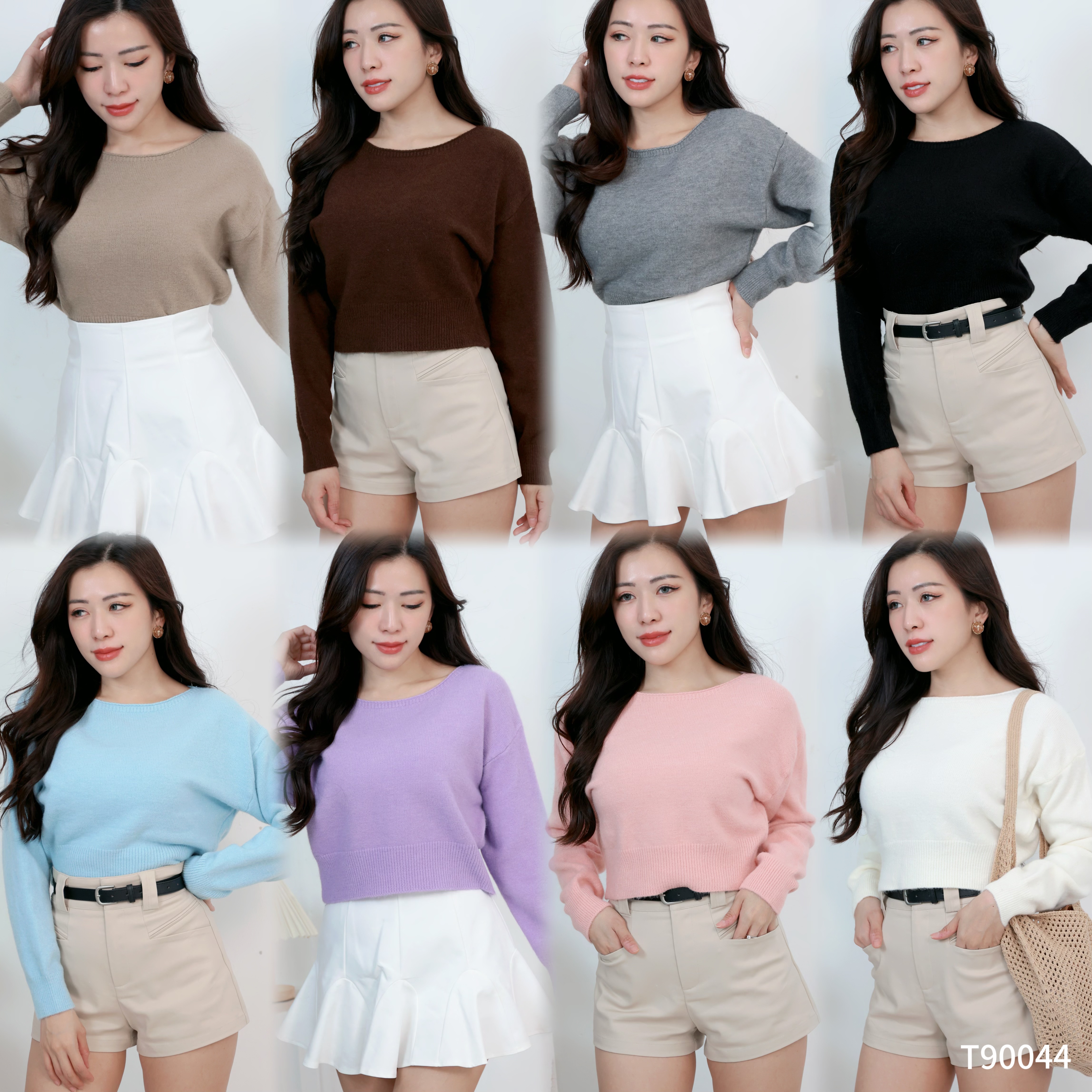 慵懒风宽领束腰长袖上衣 (T90044)