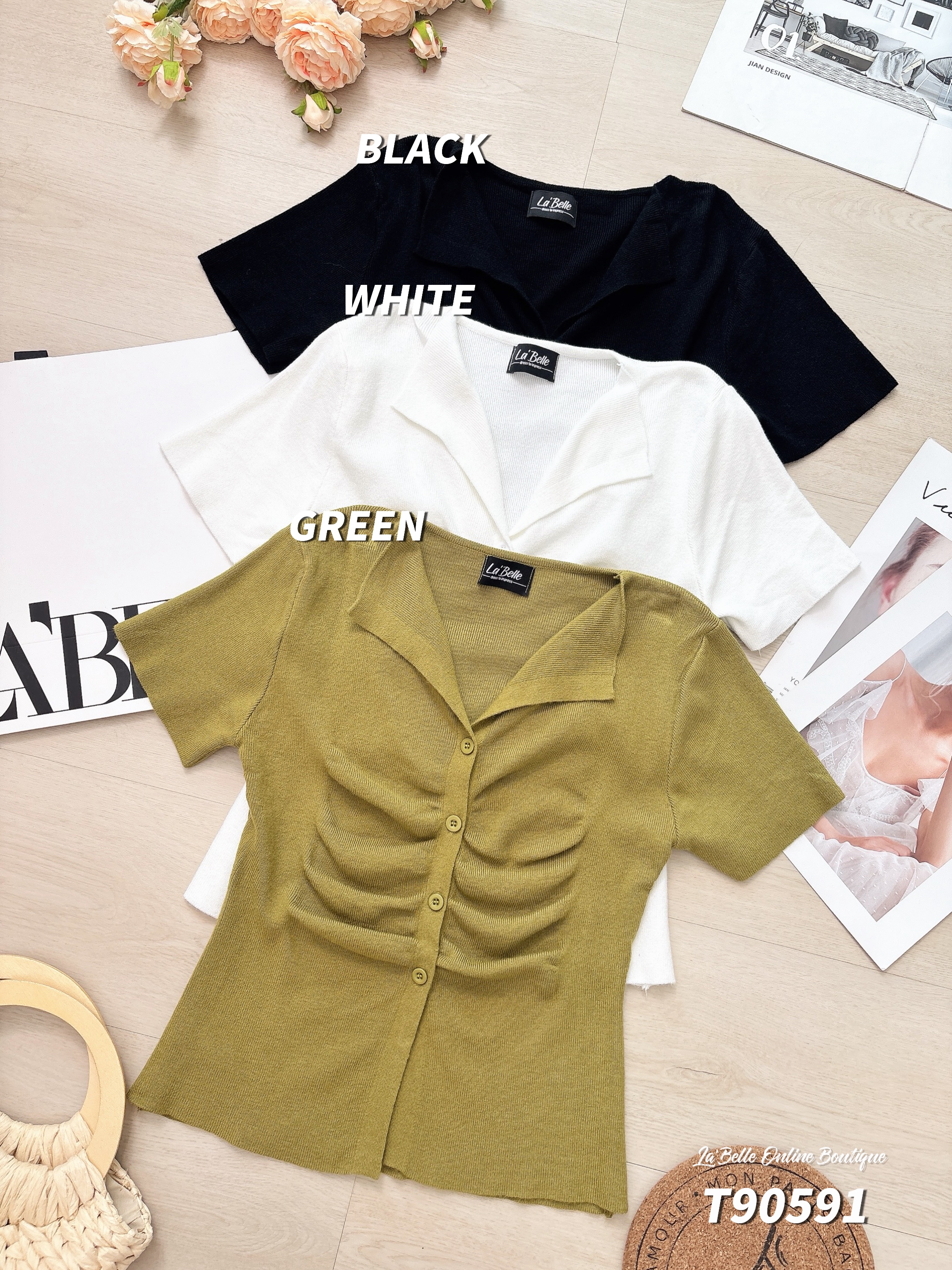 百搭V领褶皱设计开扣式上衣 (T90591)