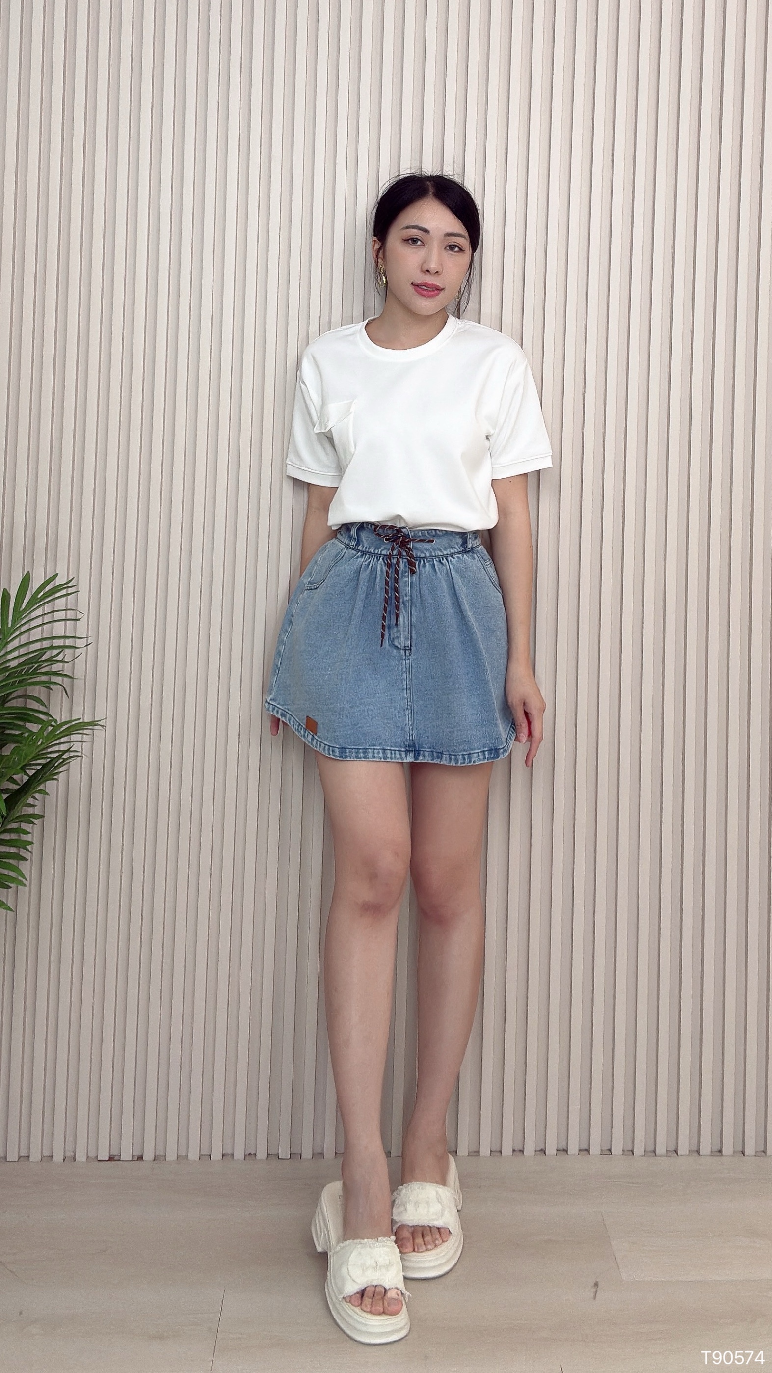 不规则下摆单口袋设计宽松上衣 (T90574)