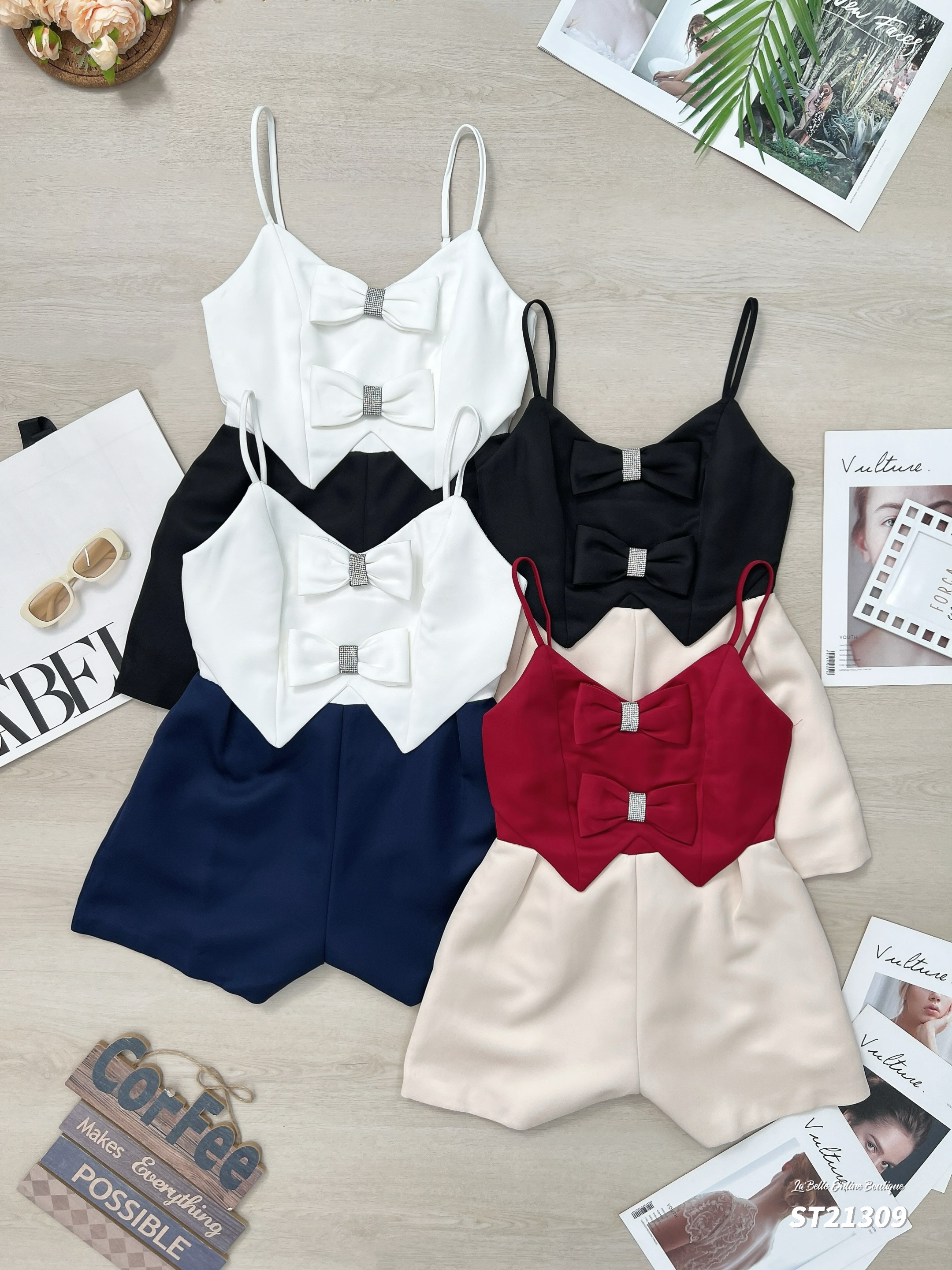 名媛风镶钻蝴蝶结设计吊带连身裤 (ST21309)