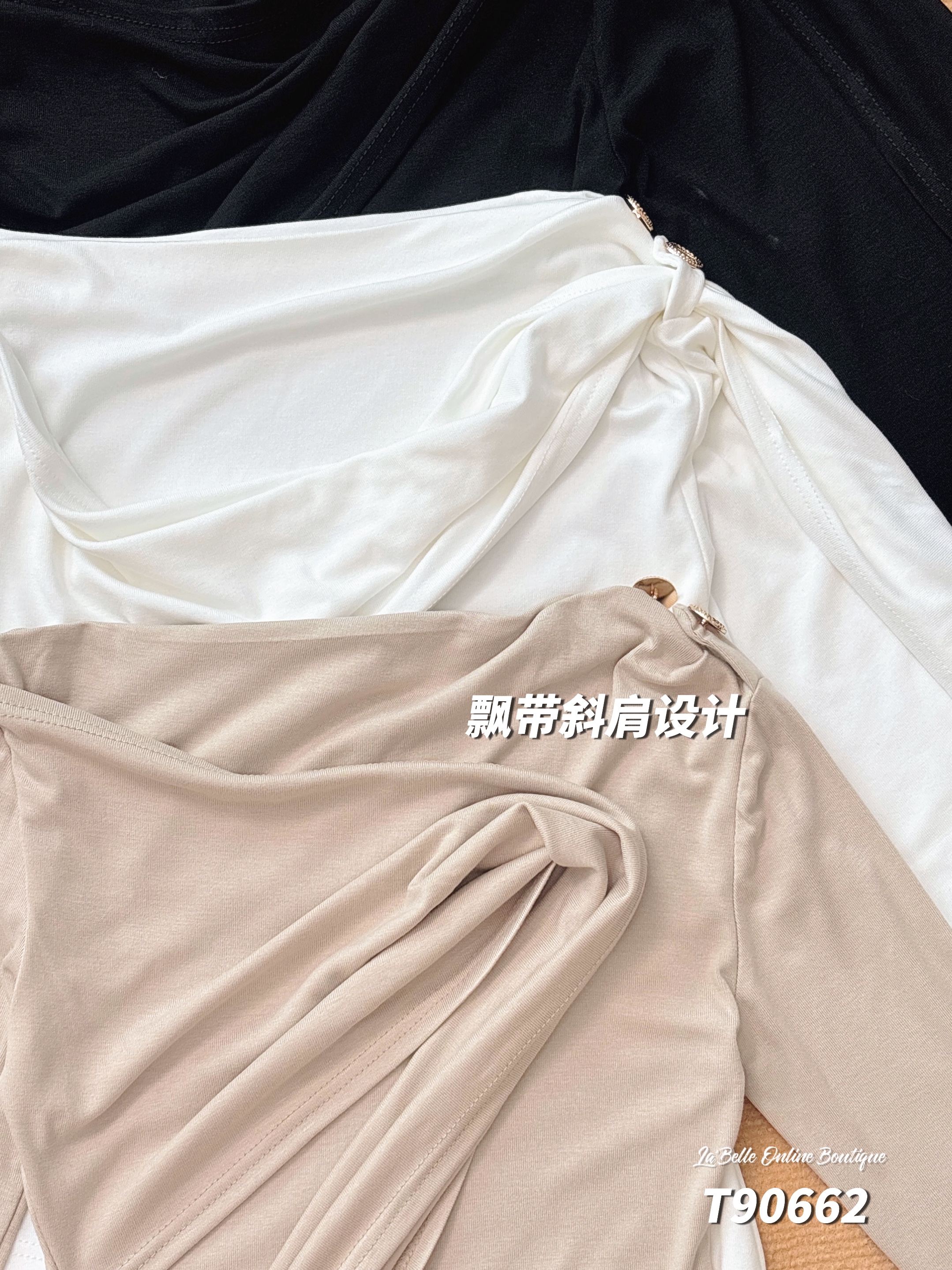 设计感拼接飘带斜领长袖上衣 (T90662)