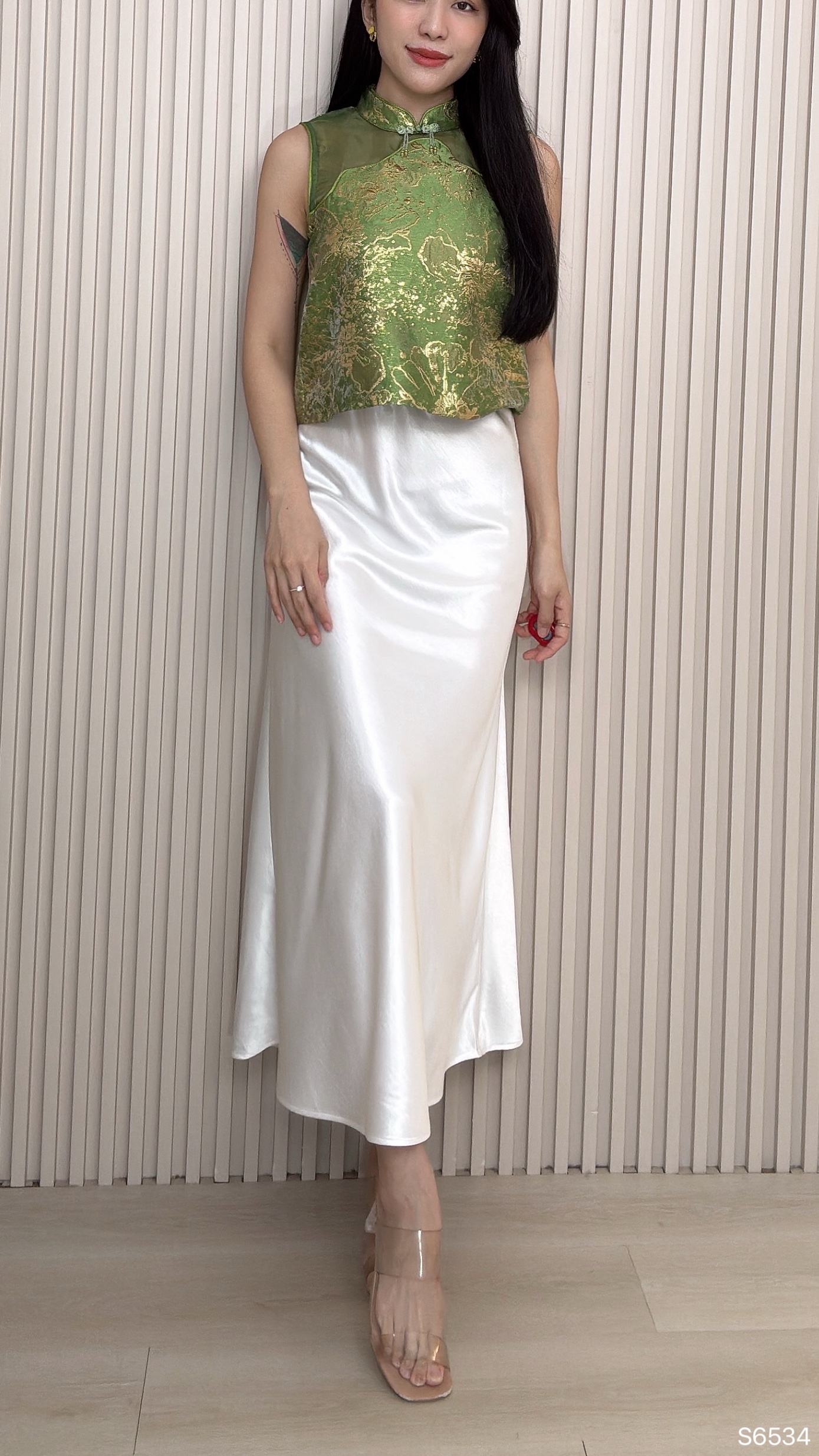 高级光泽感缎面鱼尾设计高腰半身裙 (S6534)