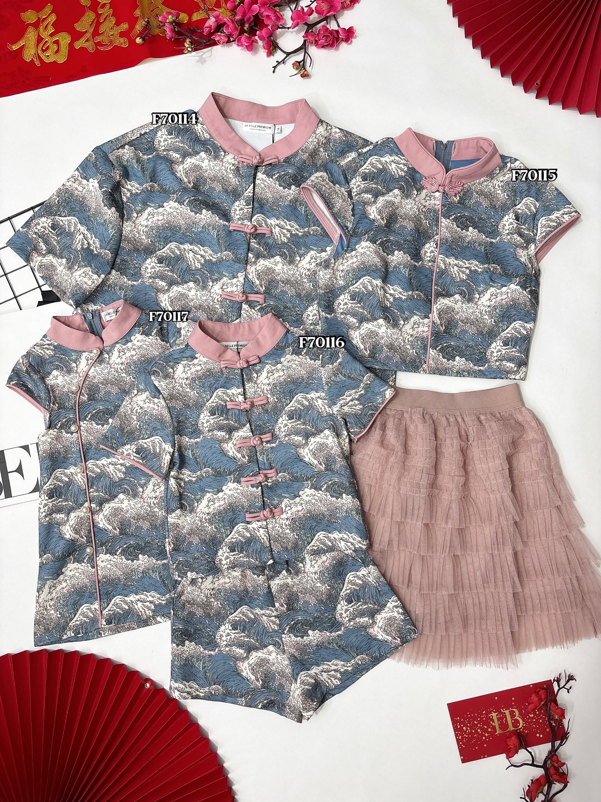 【LBP亲子系列】可爱海浪纹珍珠设计改良版旗袍连身裙【女儿版】（F70117）