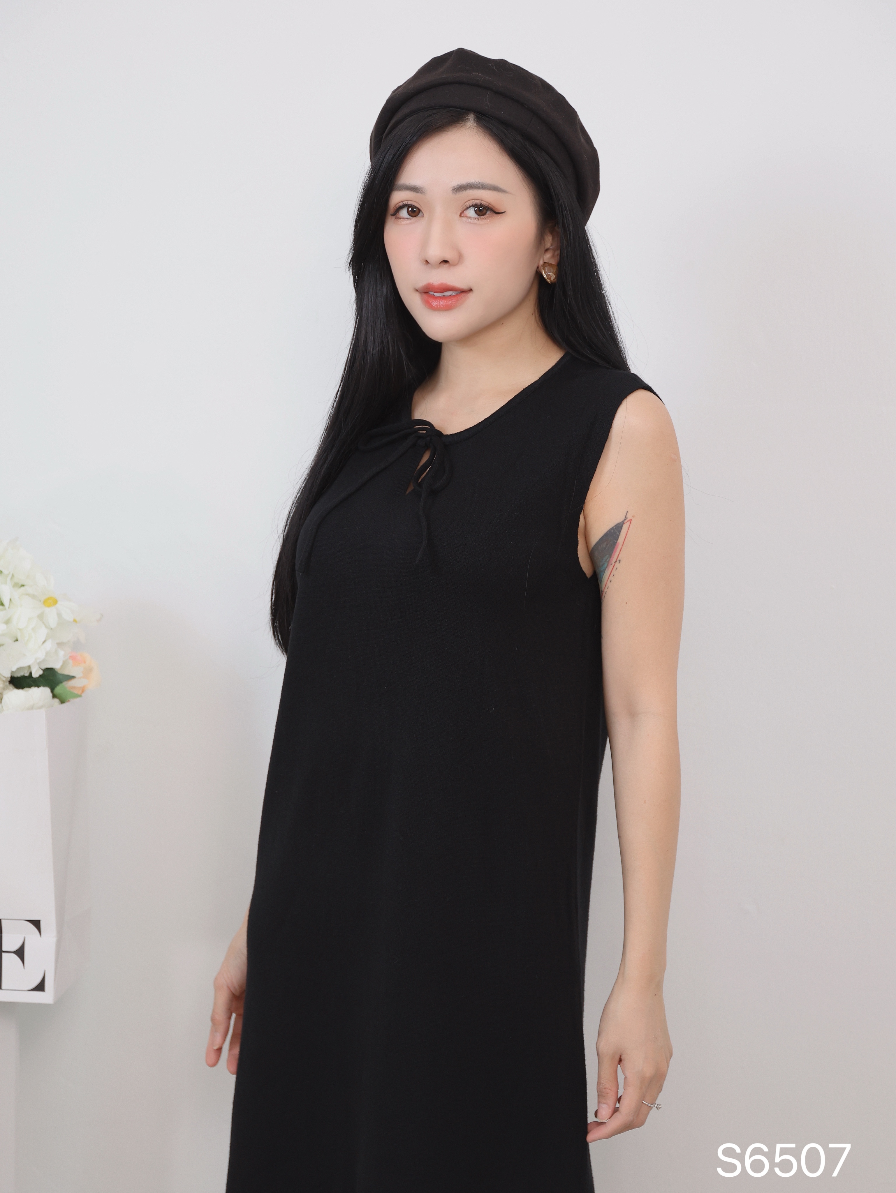 韩系领口系带设计无袖连身裙 (S6507)