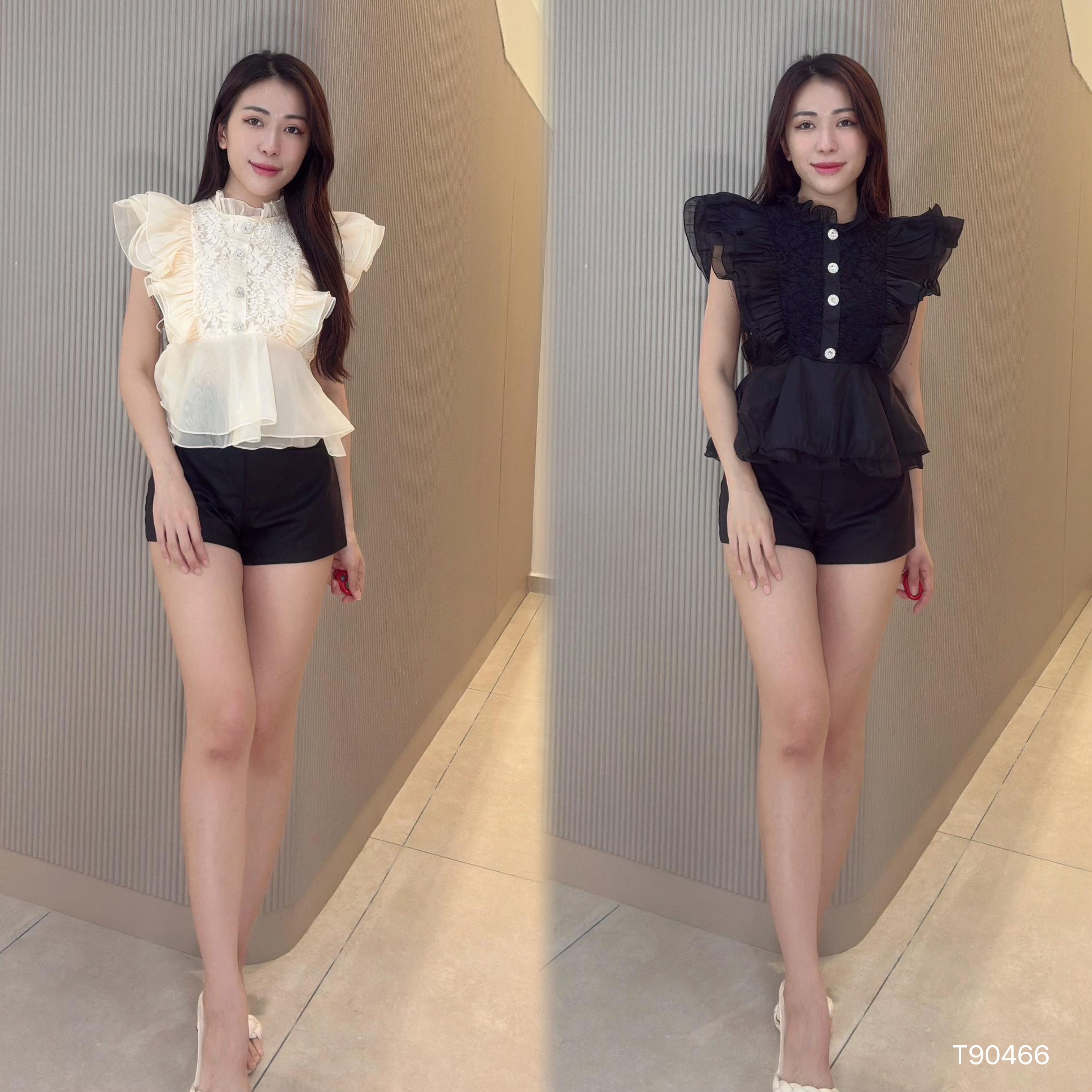 法式宫廷风荷叶边设计小飞袖上衣 (T90466)