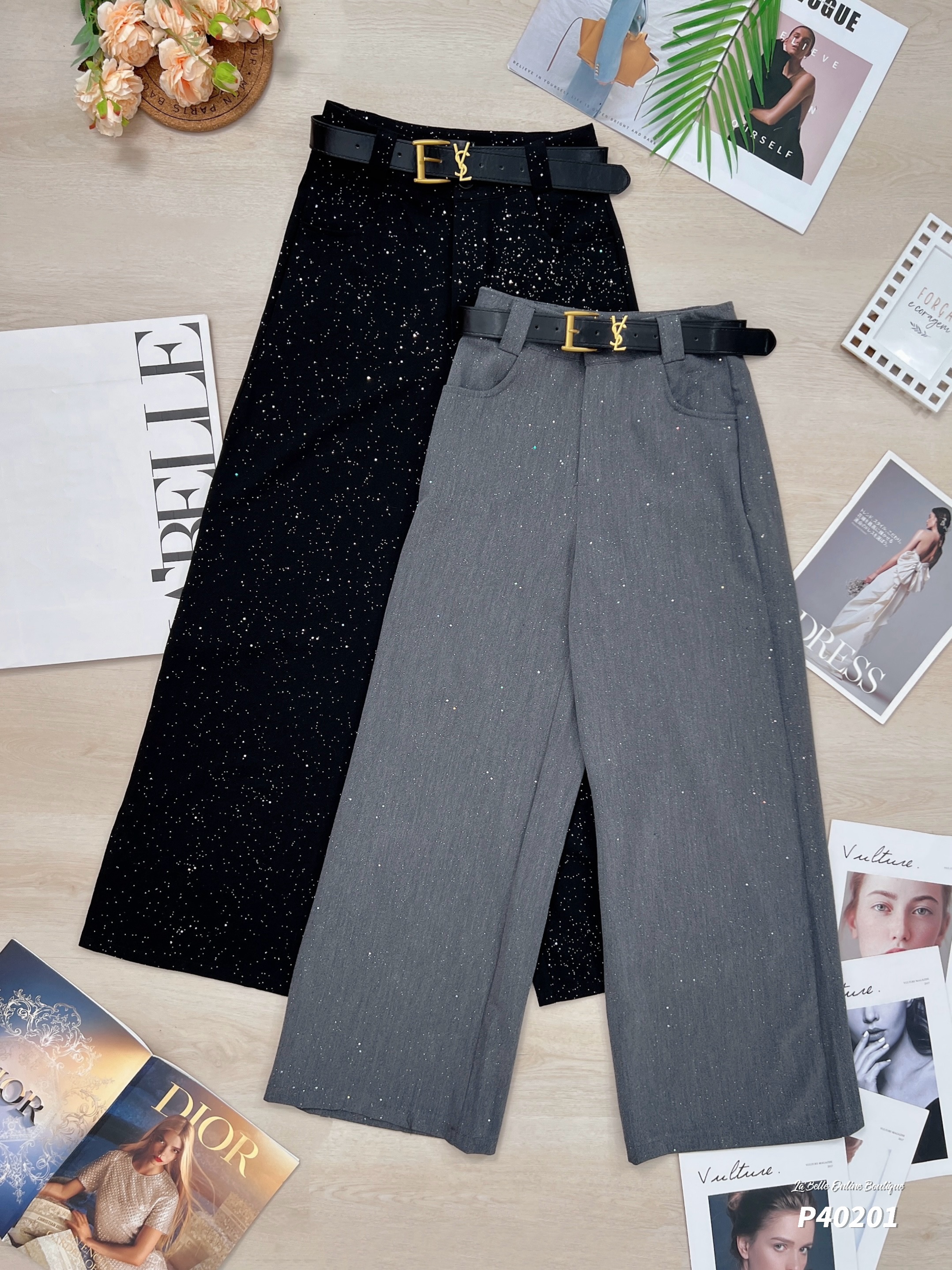 时尚烫钻满天星阔腿高腰长裤 (P40201)-La'Belle Fashion Boutique Sdn Bhd