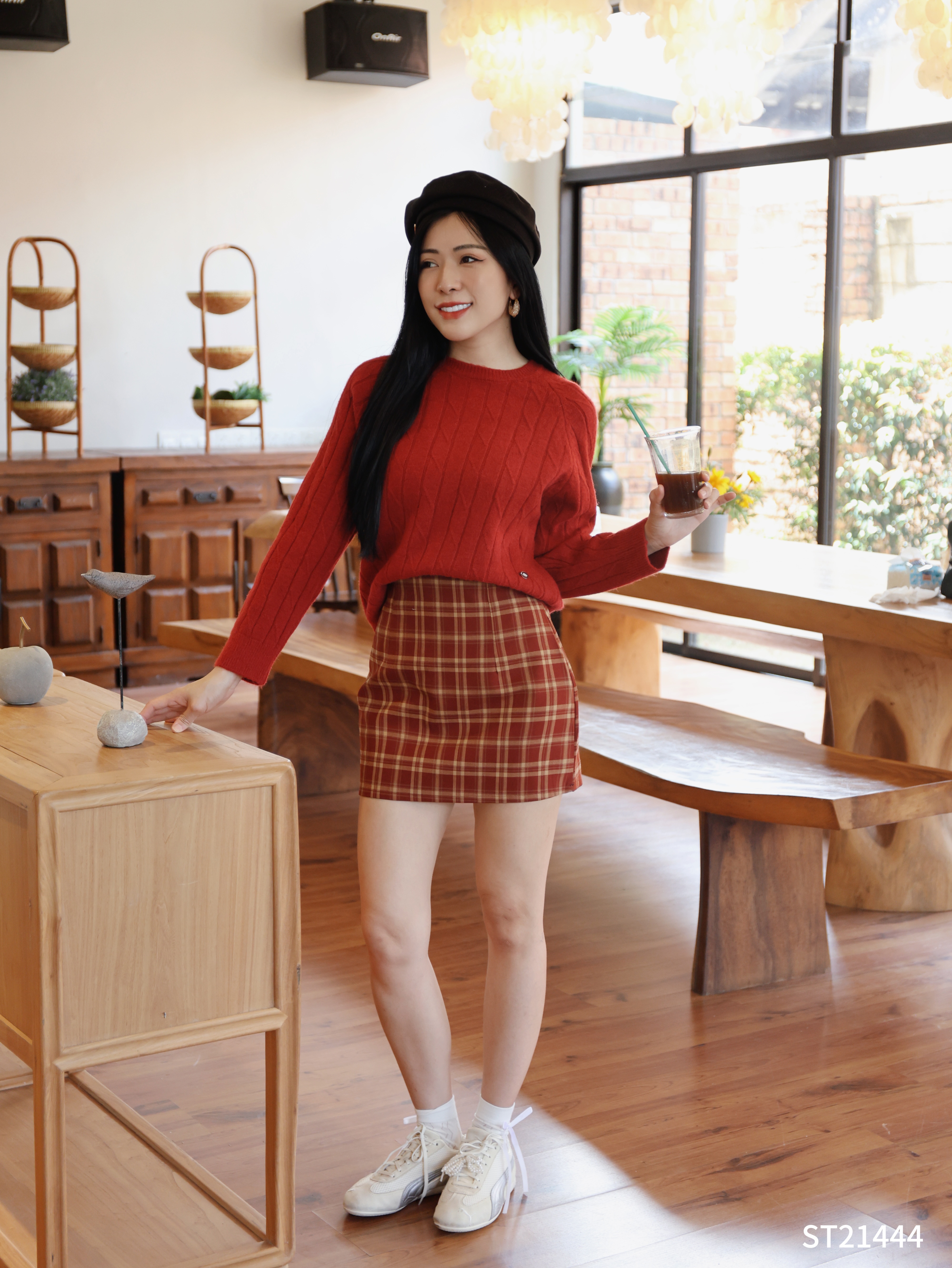 【LATTE NOON】复古格子设计A字高腰包臀裙 (ST21444)