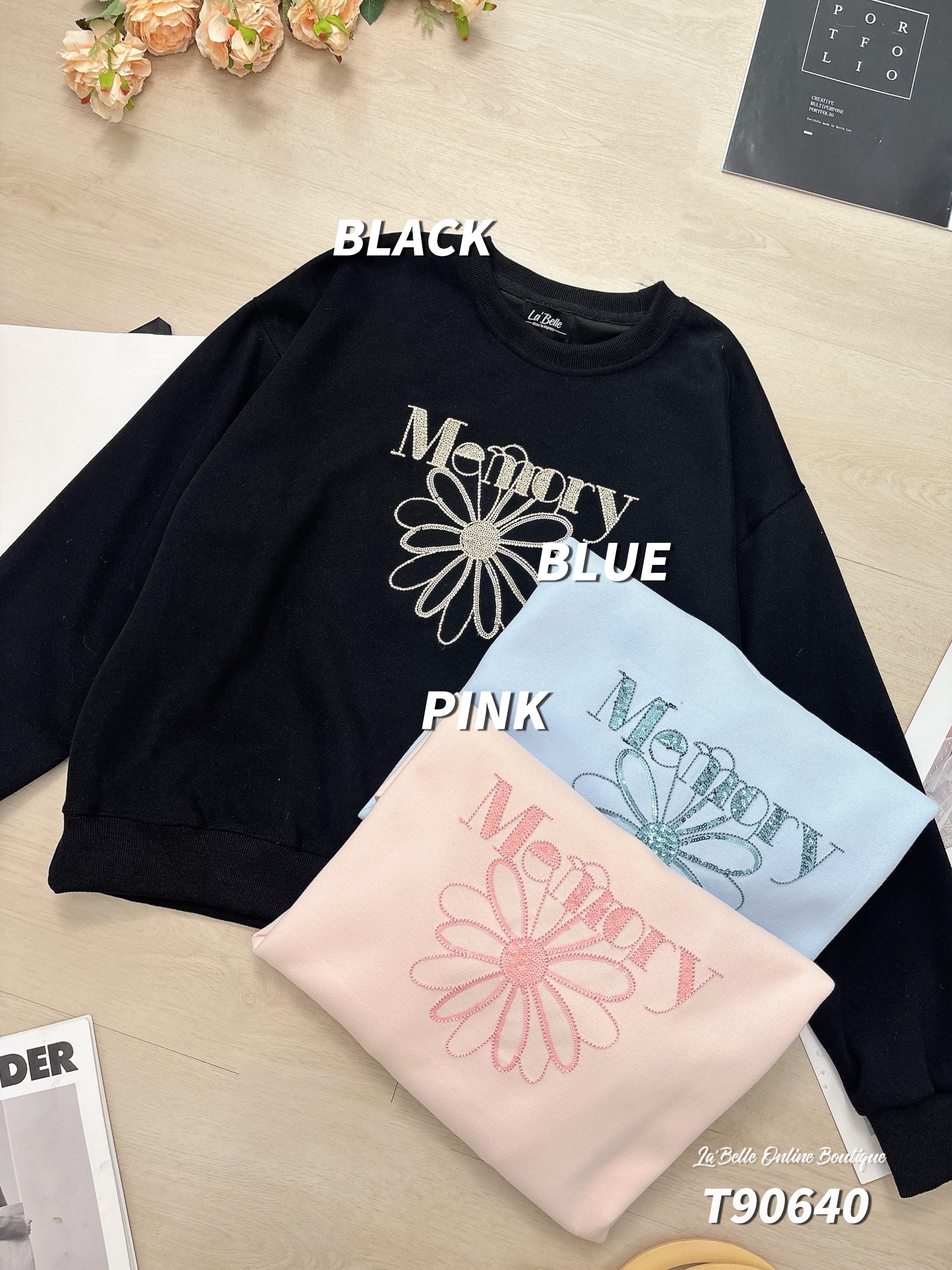 简约花卉字母设计长袖卫衣 (T90640)