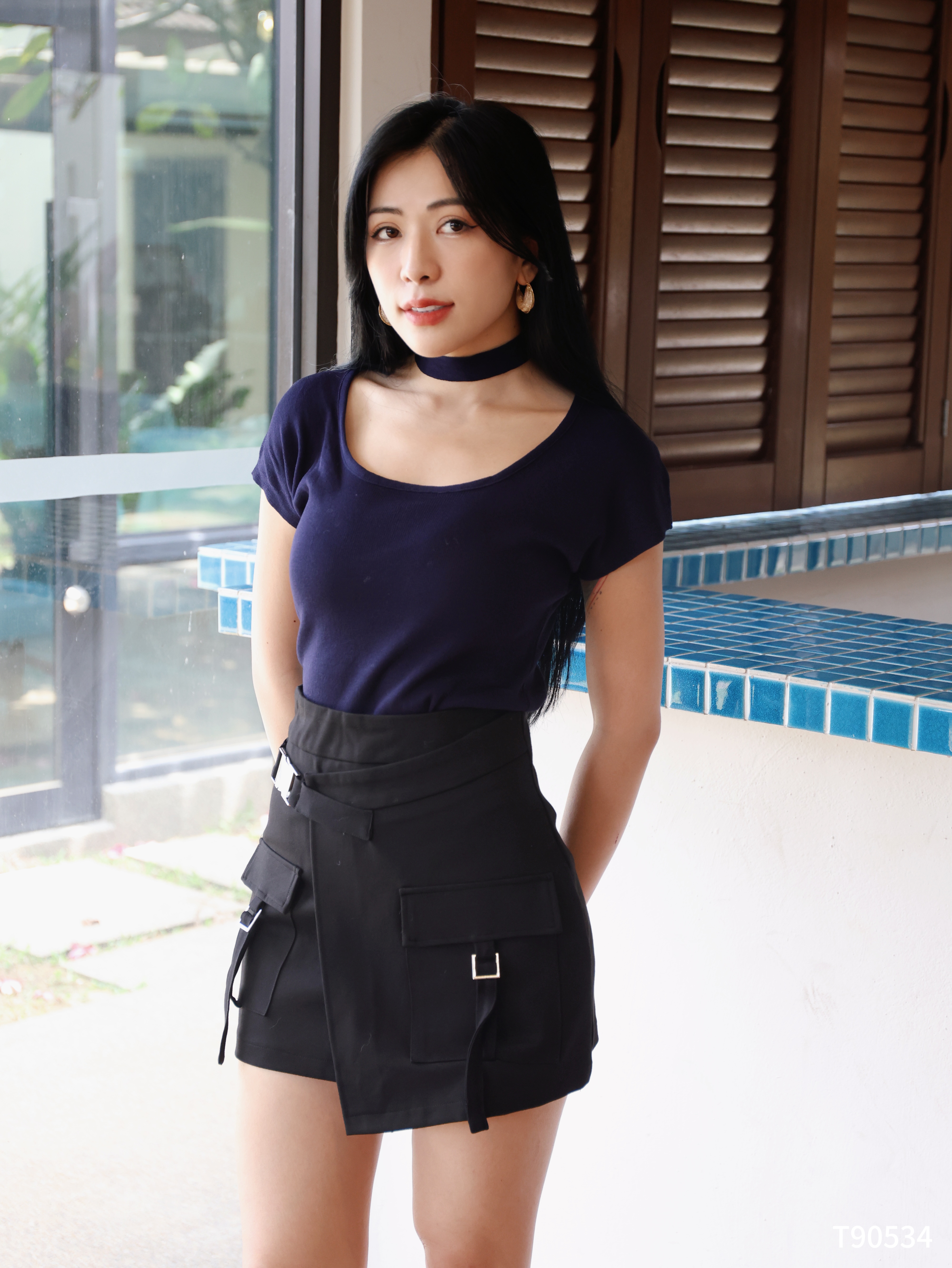 简约百搭半袖方领上衣 (T90534)