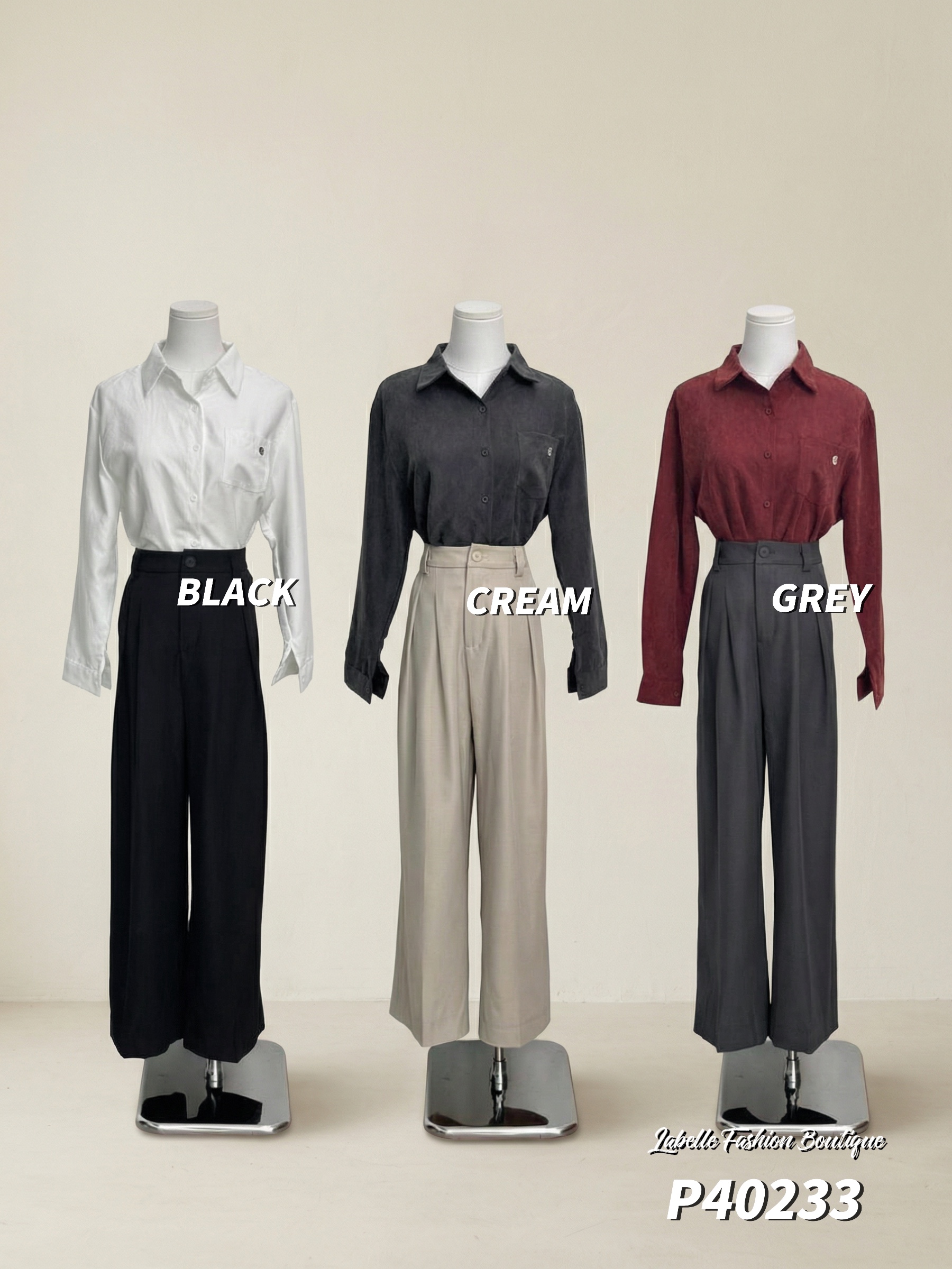  百搭压褶设计宽松直筒高腰长裤 (P40233)