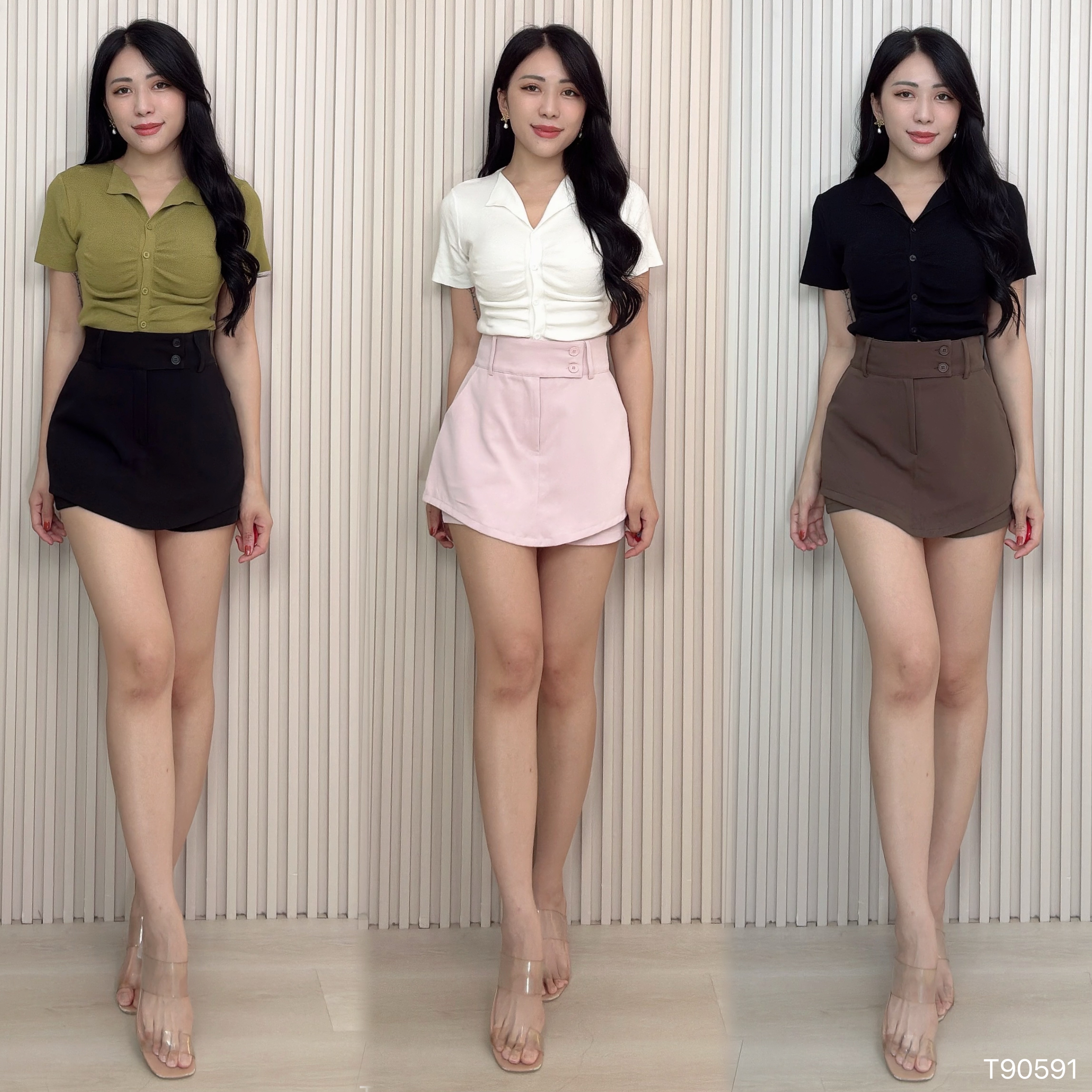 百搭V领褶皱设计开扣式上衣 (T90591)