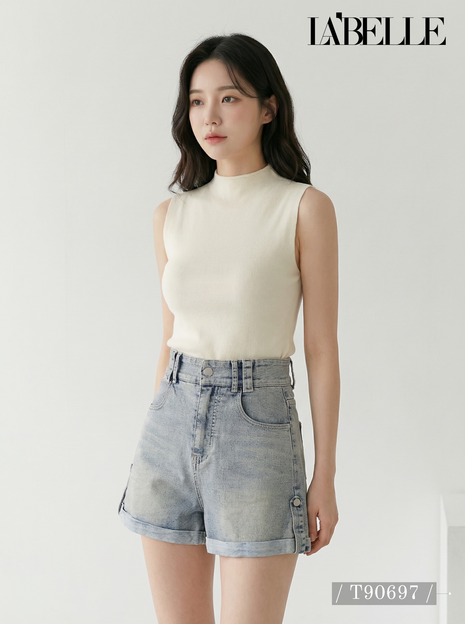 韩系纯色半高领针织无袖上衣 (T90697)