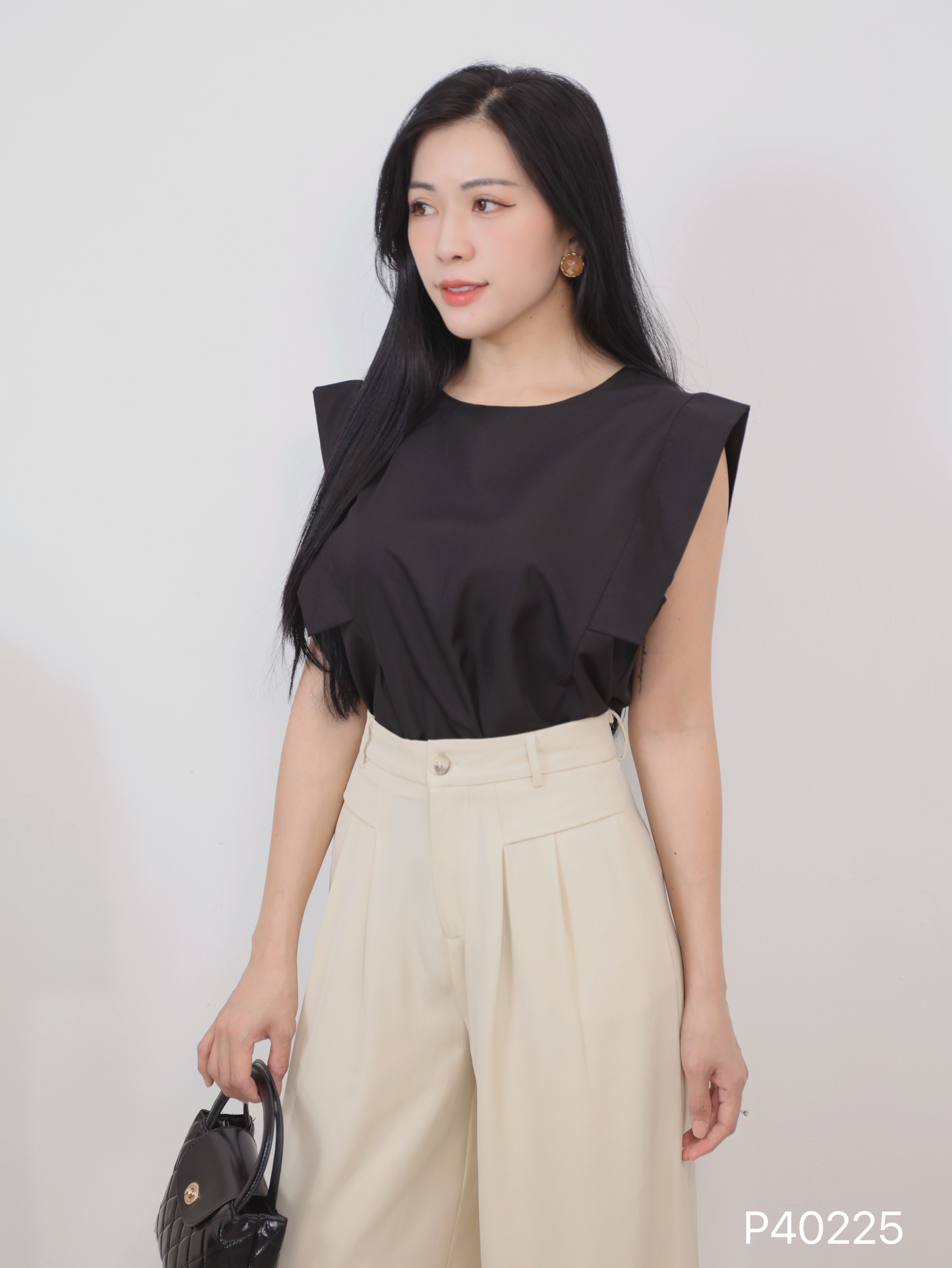 OL风压褶设计阔腿高腰长裤 (P40225)