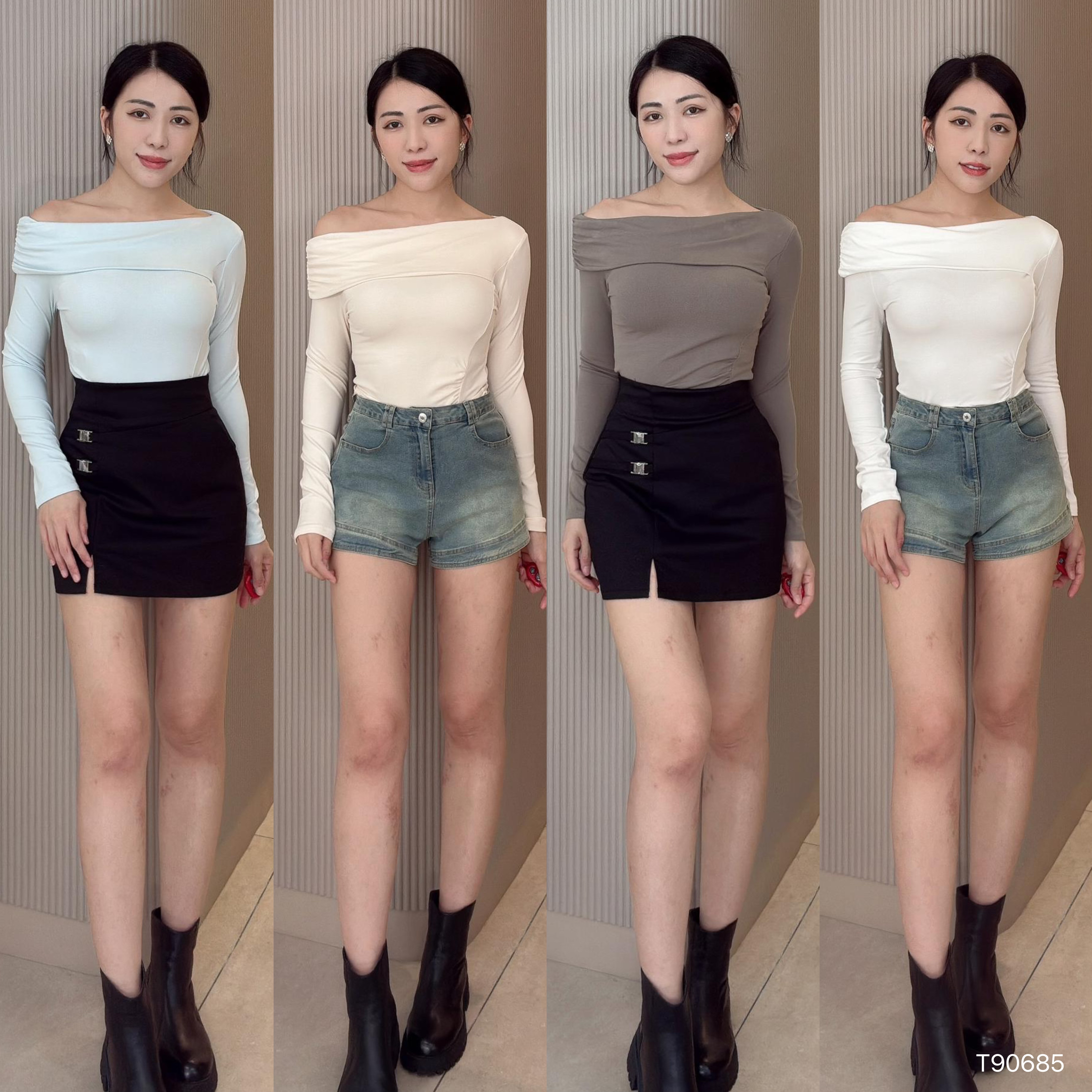 法式斜肩压皱设计长袖上衣 (T90685)