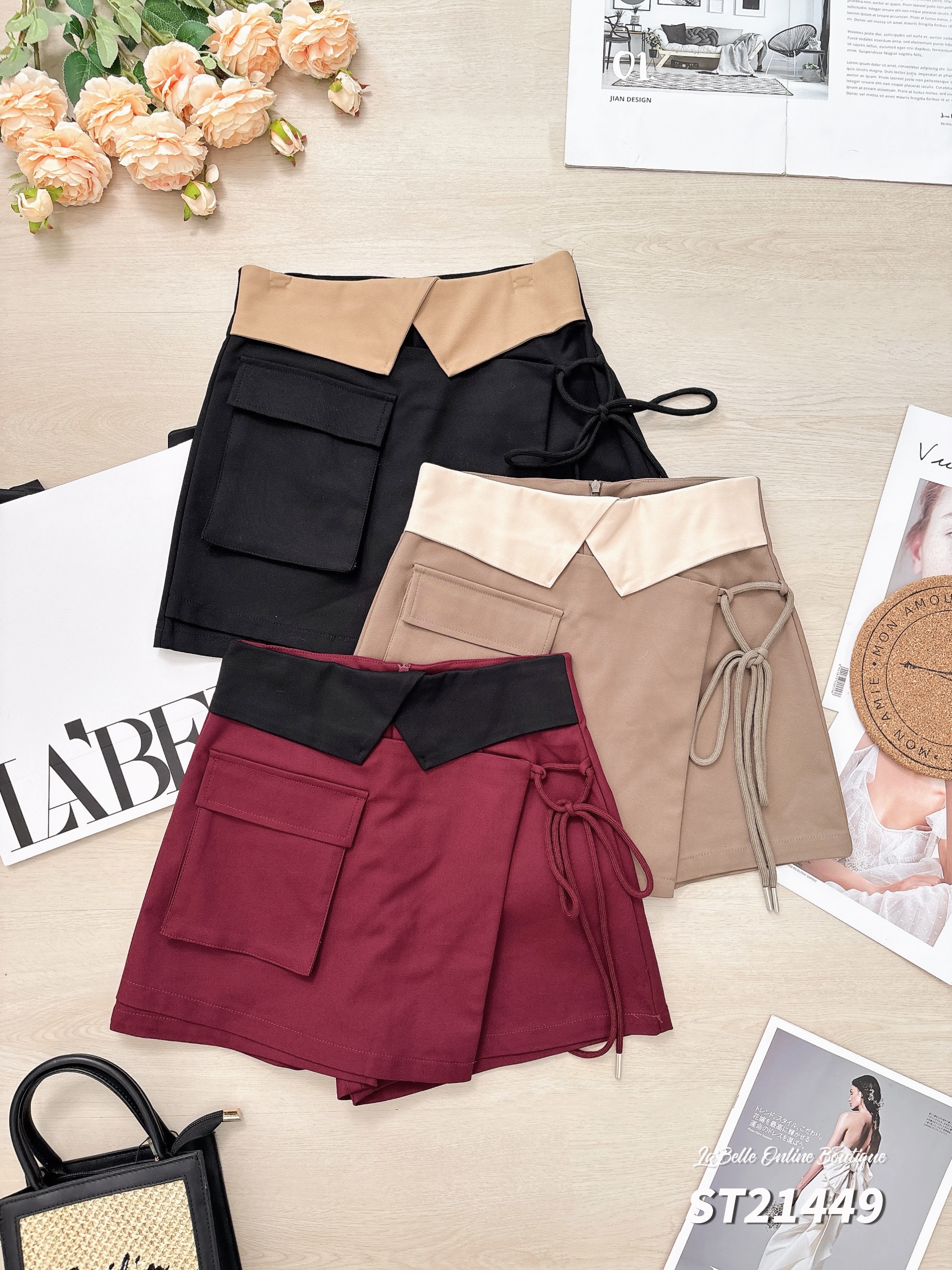 【LBP独家】百搭撞色系带设计A字高腰裤裙 (ST21449)