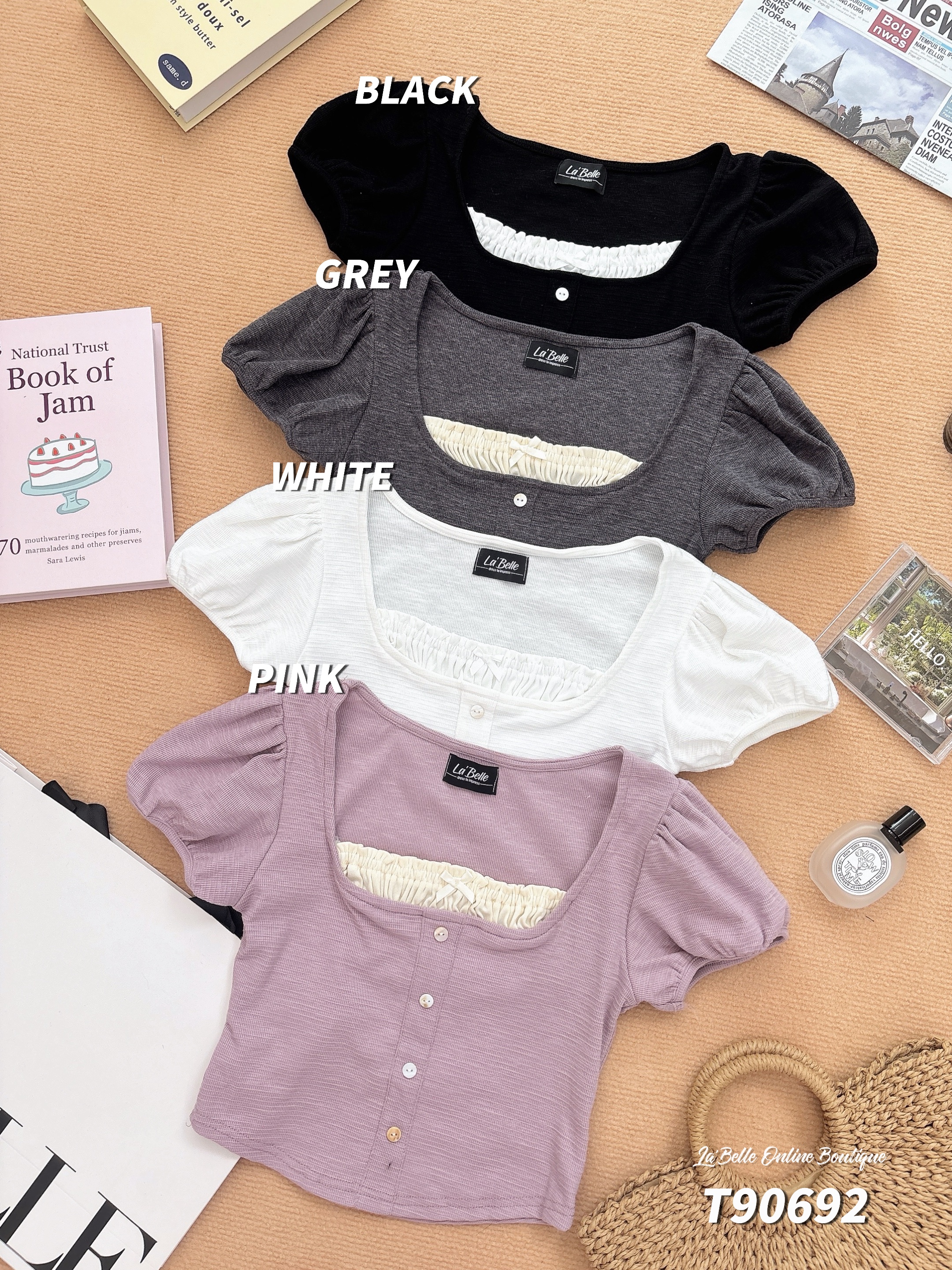 时尚洋气方领假两件泡泡袖上衣 (T90692)