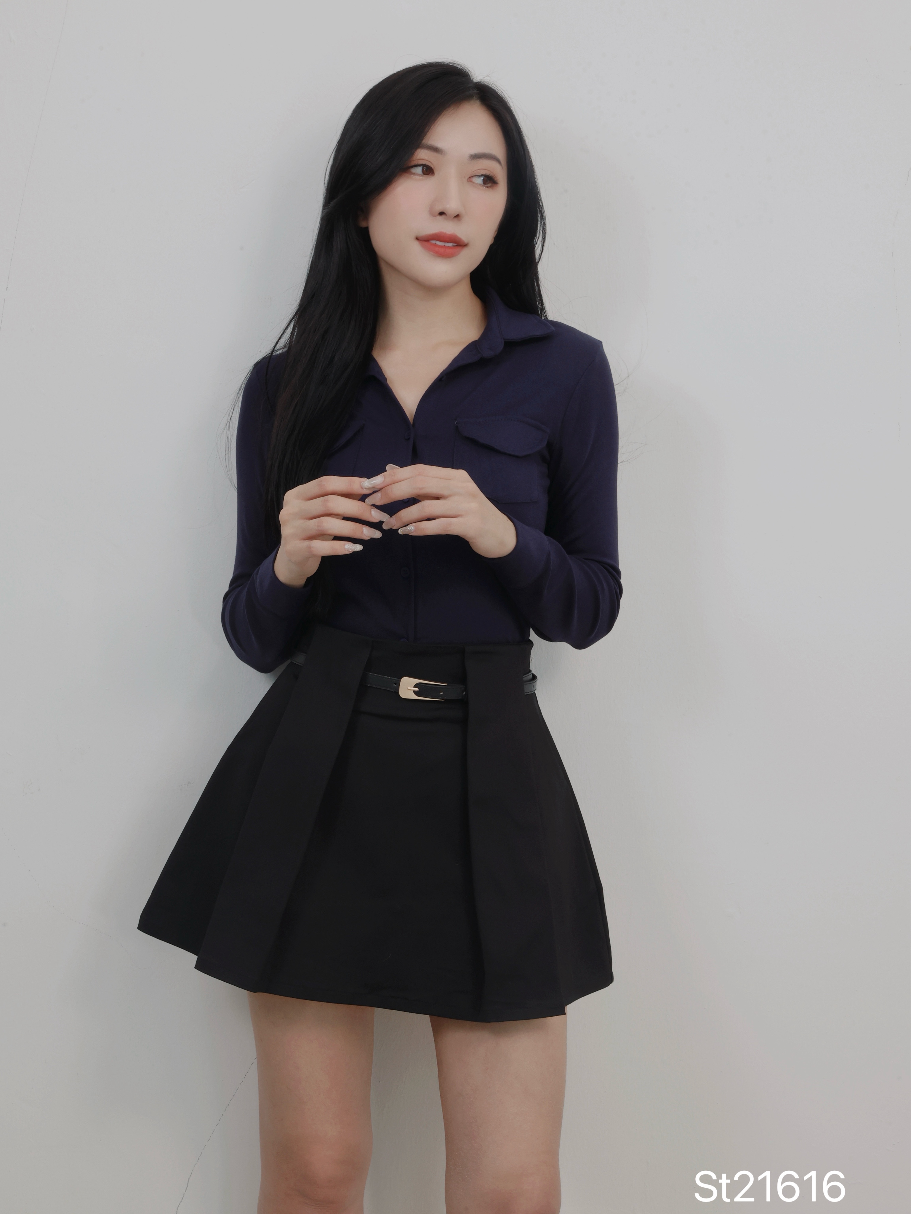 气质立体压褶设计A字高腰短裙 (ST21616)