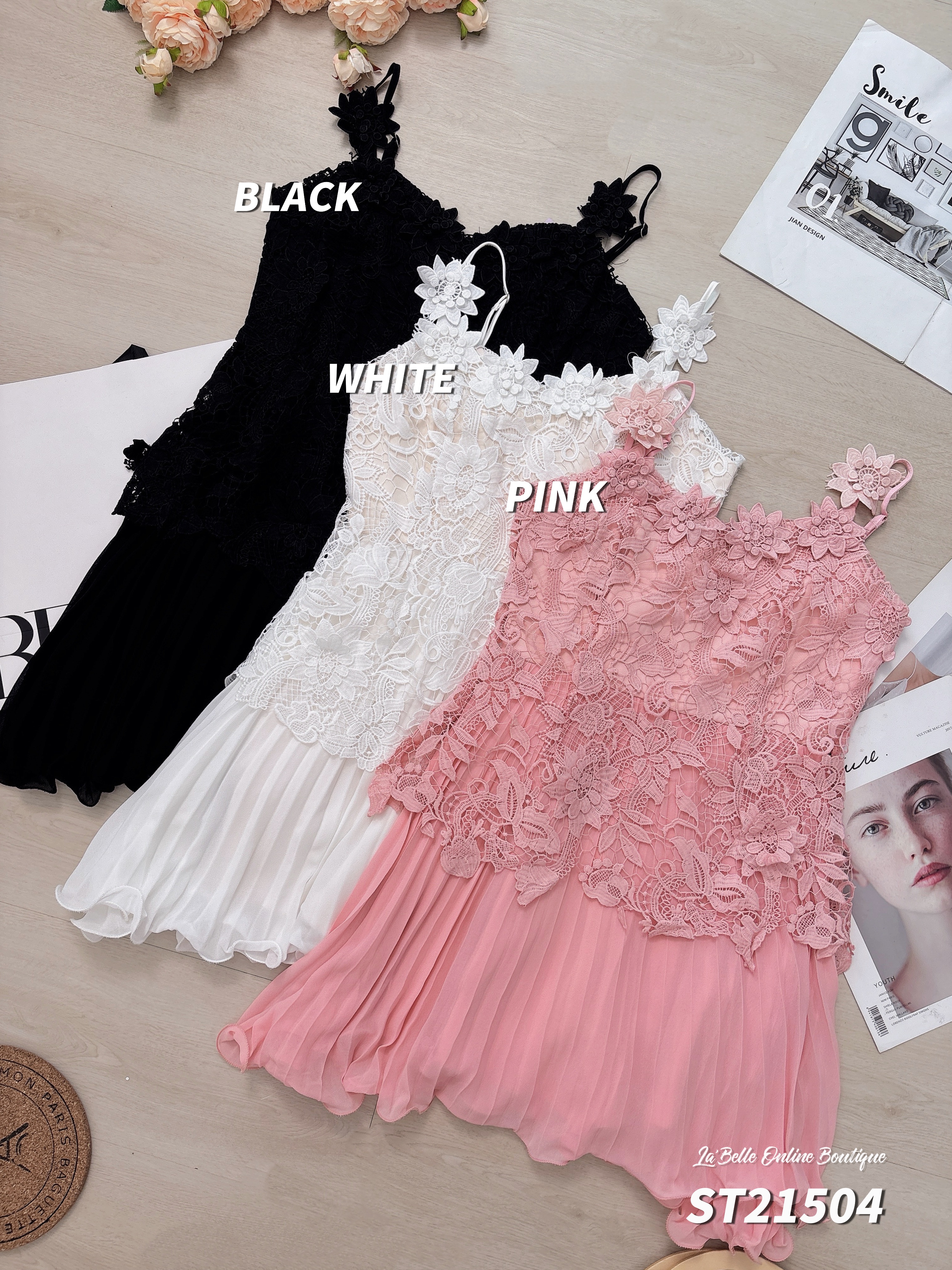 法式花朵蕾丝设计吊带连身裙 (ST21504)