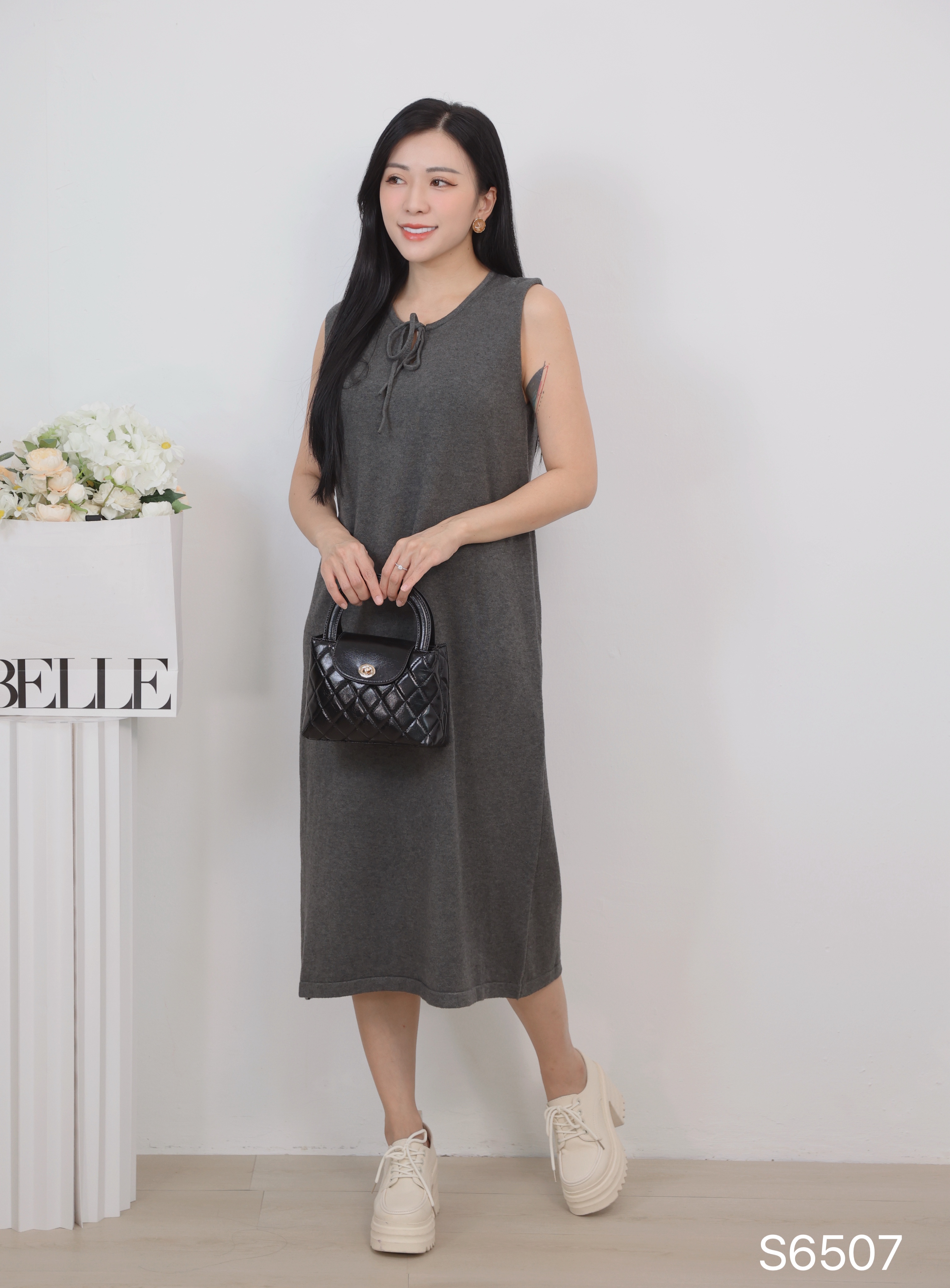 韩系领口系带设计无袖连身裙 (S6507)