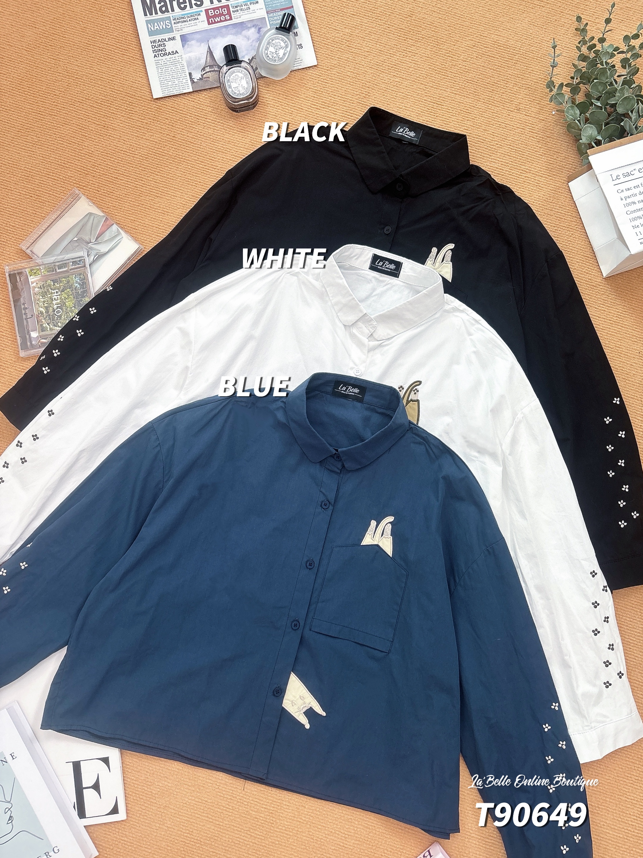 设计感翻领刺绣设计长袖上衣 (T90649)