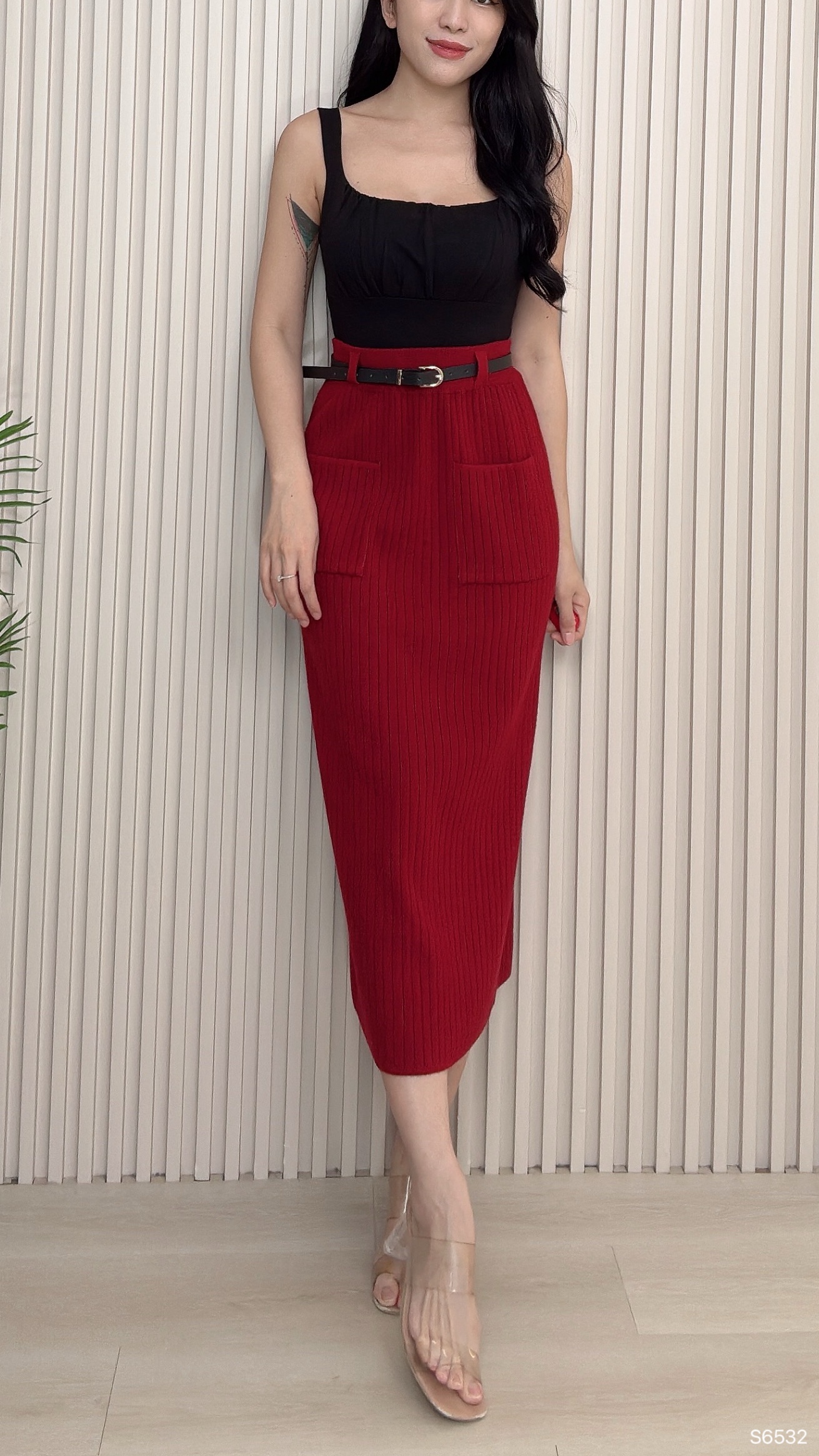 轻奢后开叉设计直筒高腰半身裙 (S6532)