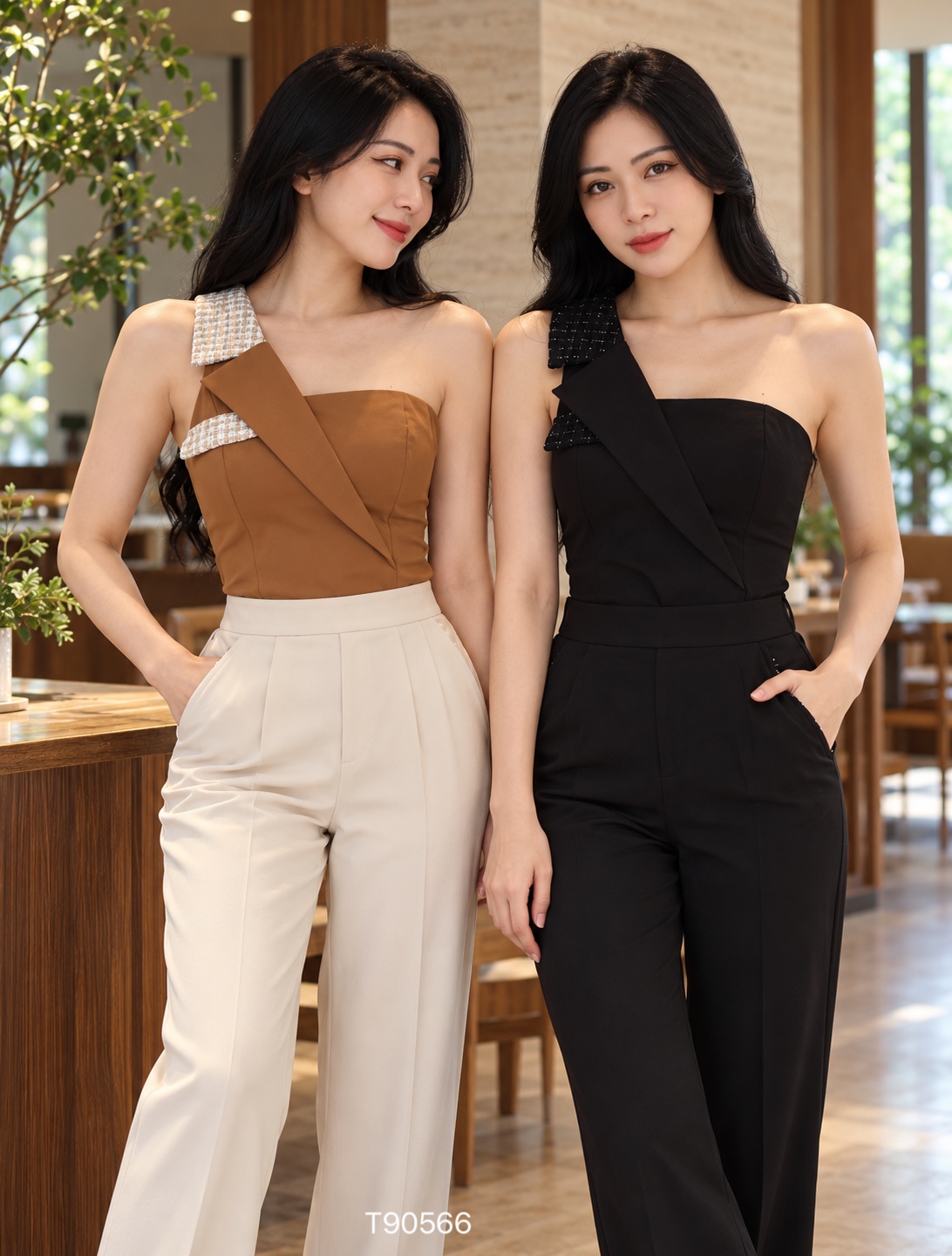 【LATTE NOON】酷帅撞色西装领削肩设计上衣 (T90566)
