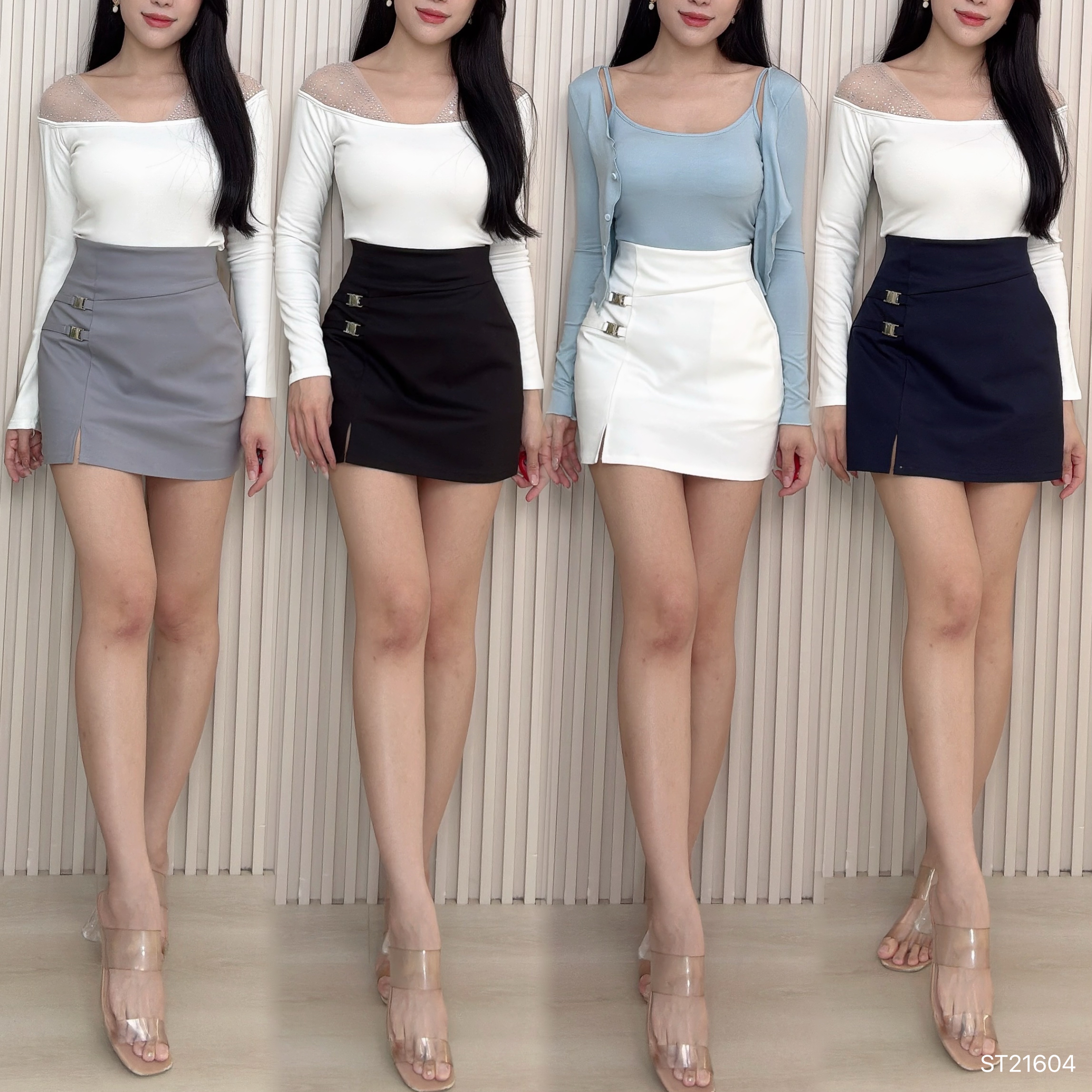 日系气质小开叉设计高腰短裙 (ST21604)