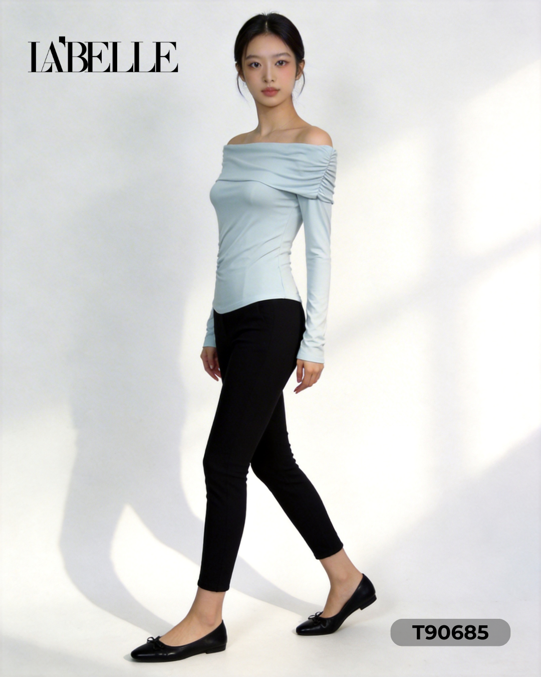 法式斜肩压皱设计长袖上衣 (T90685)