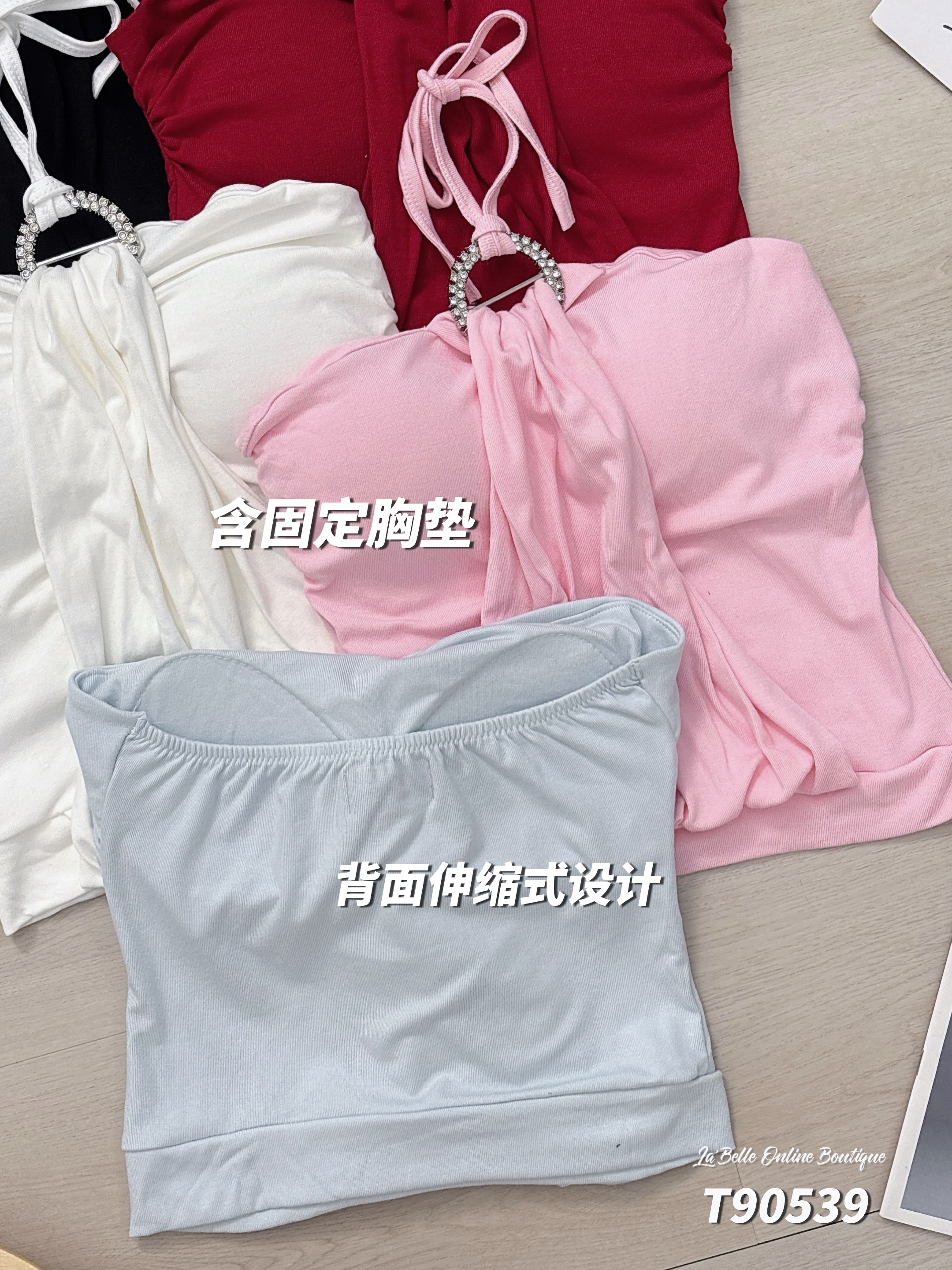 性感修身褶皱设计抹胸挂脖上衣 (T90539)