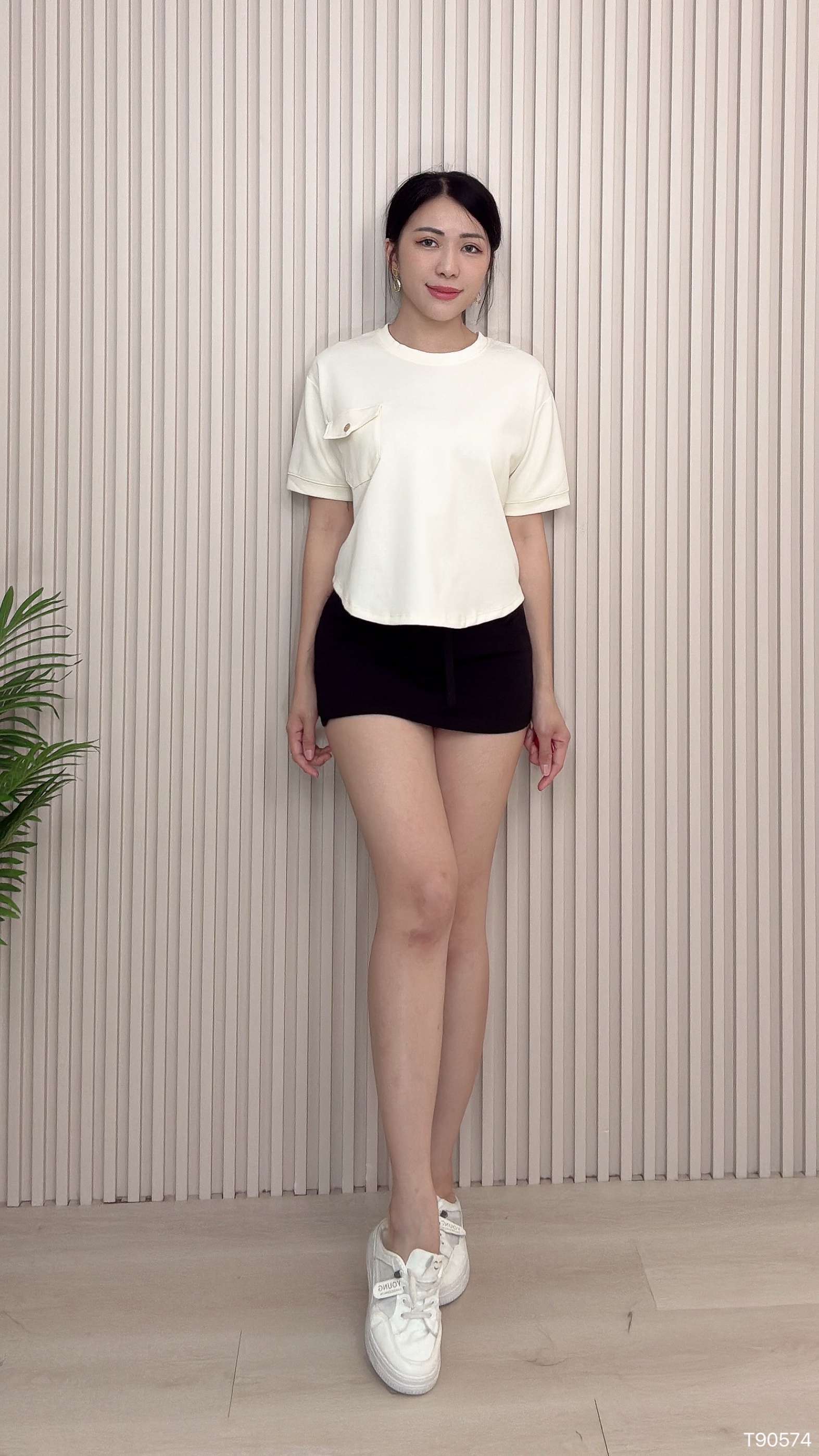 不规则下摆单口袋设计宽松上衣 (T90574)