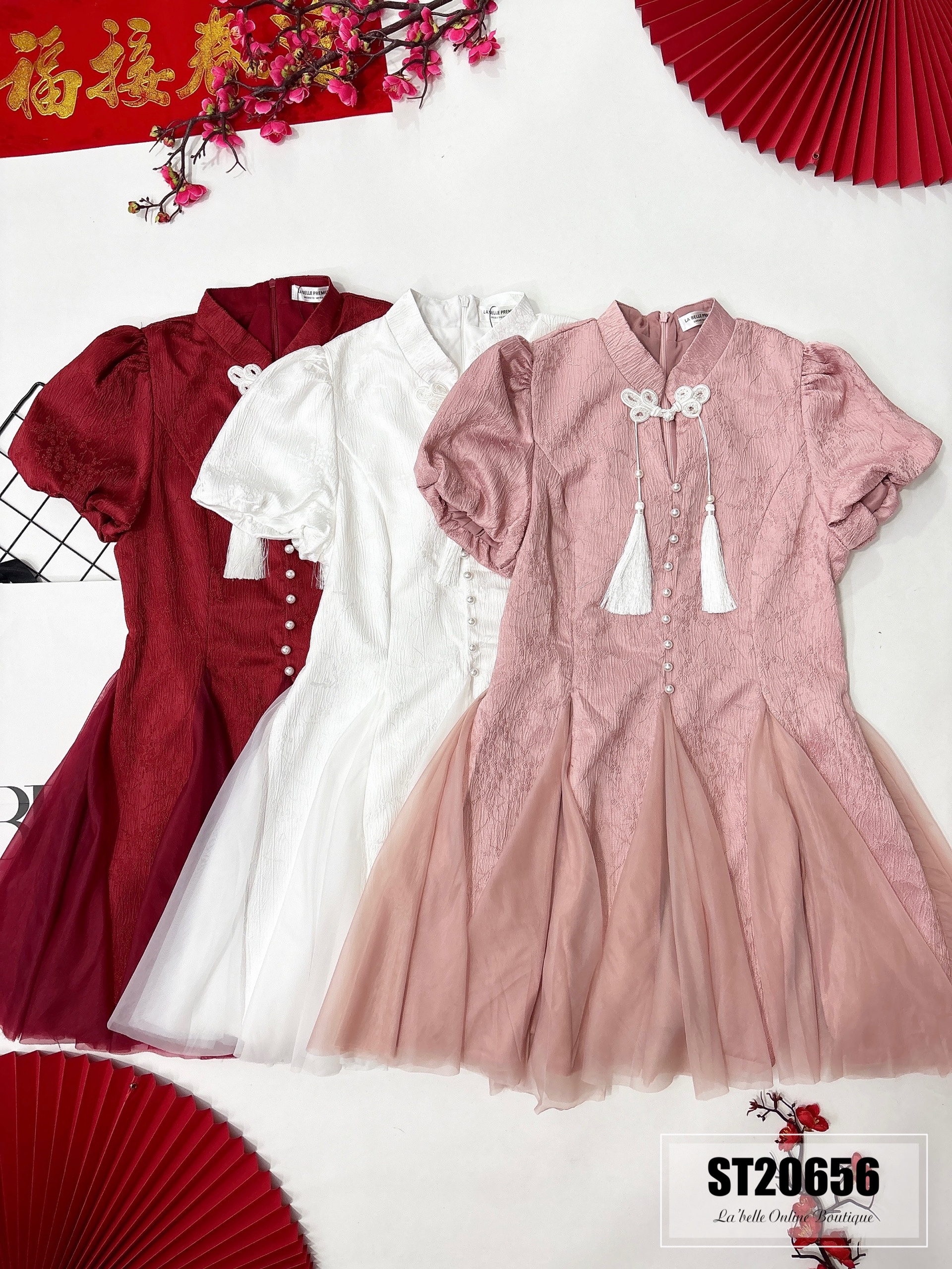 【LBP独家】精致流苏盘扣设计泡泡袖旗袍（ST20656）