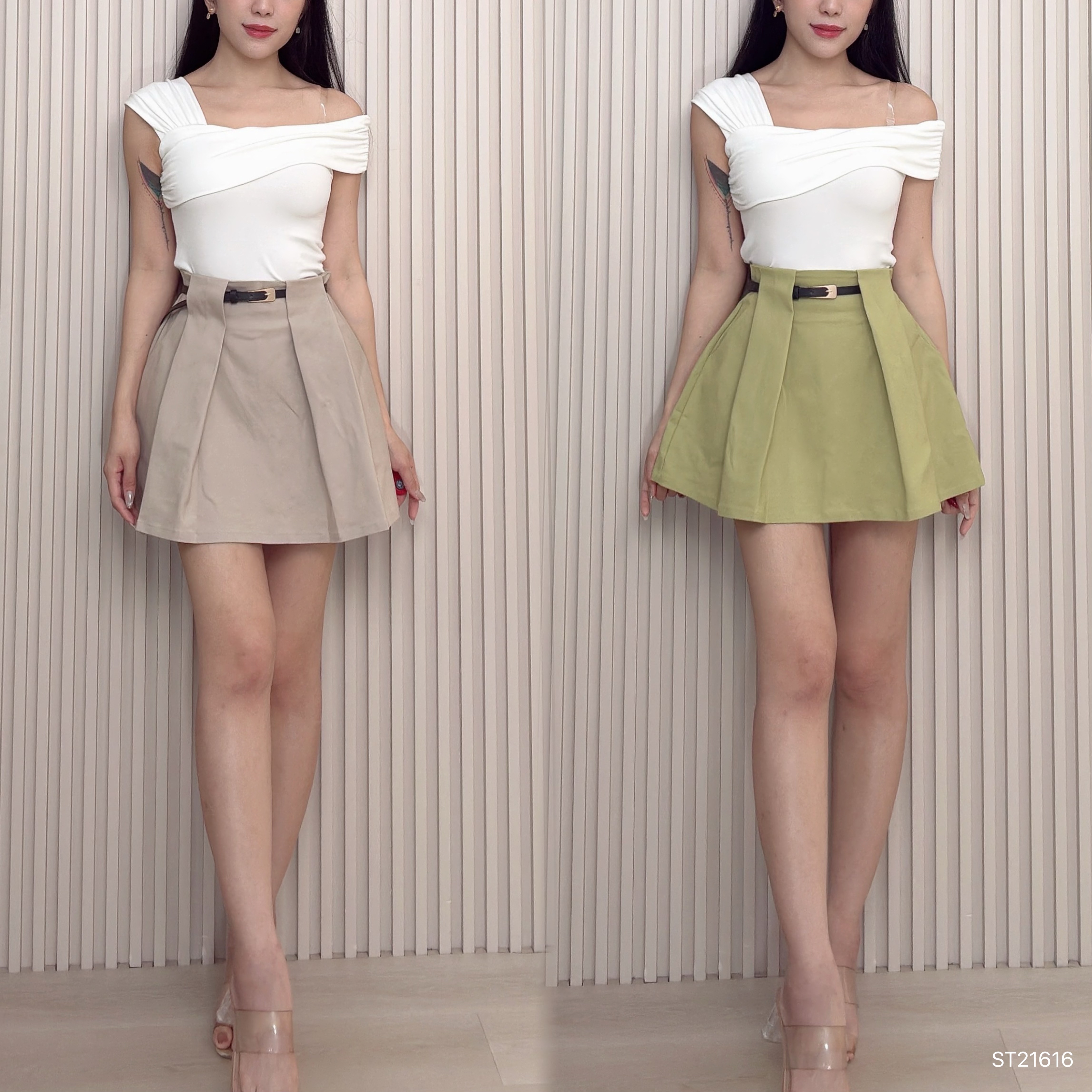 气质立体压褶设计A字高腰短裙 (ST21616)