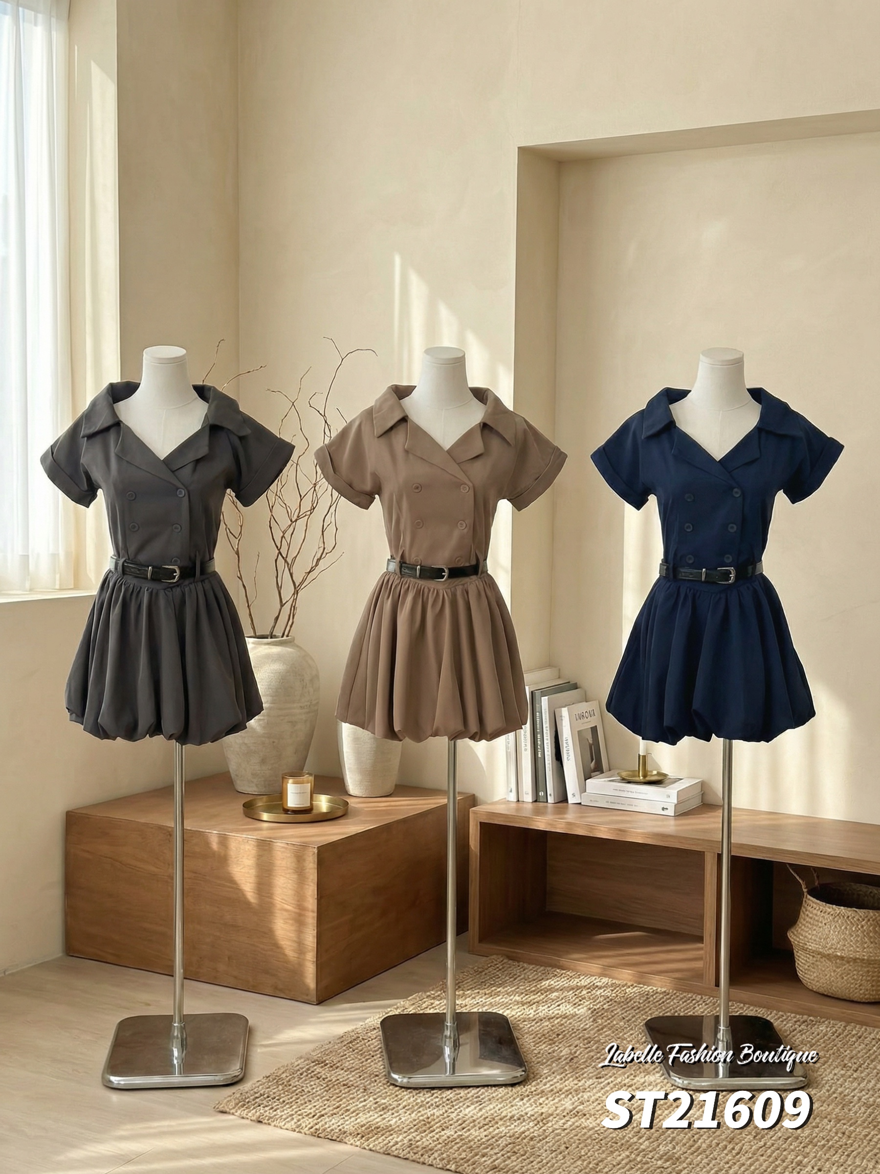 韩系风衣设计下摆花苞连身裙 (ST21609)