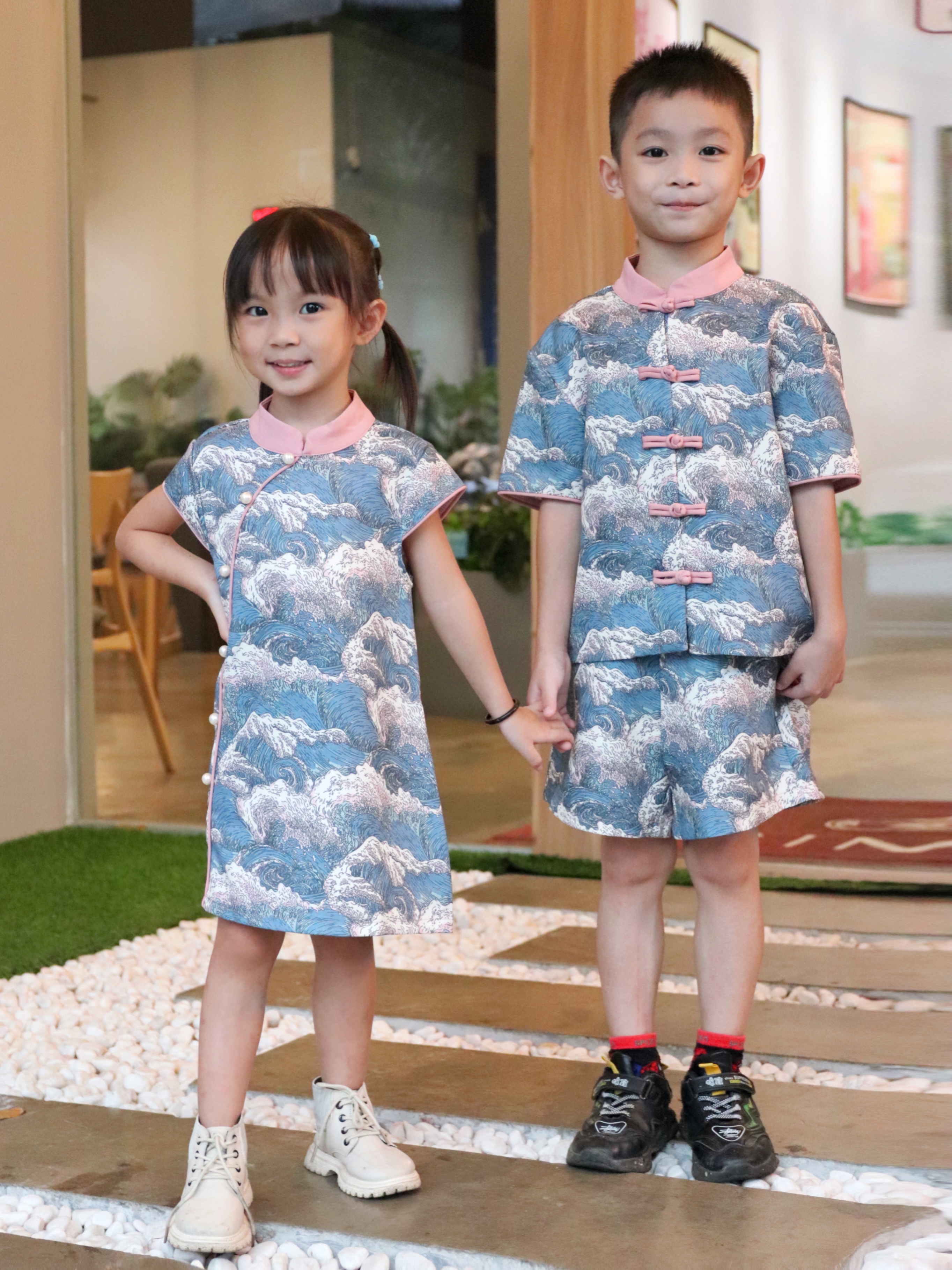 【LBP亲子系列 】可爱海浪纹设计改良版唐装两件套【儿子版】（F70116）