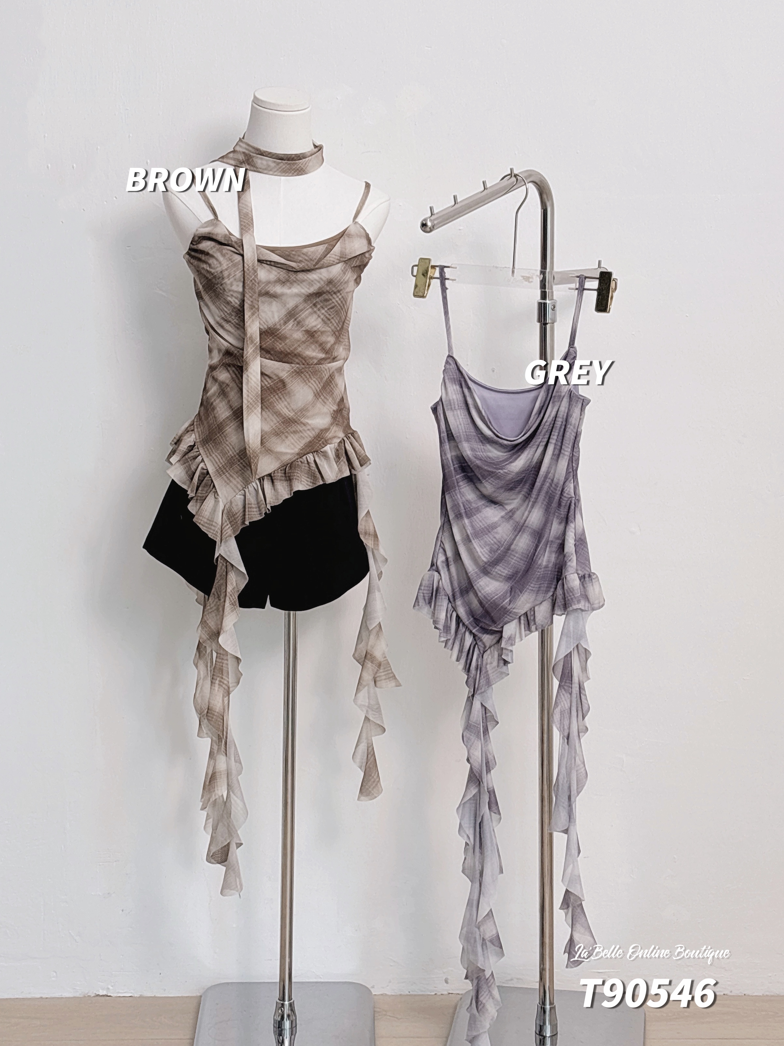 韩系不规则褶皱荷叶边设计吊带格子上衣 (T90546)