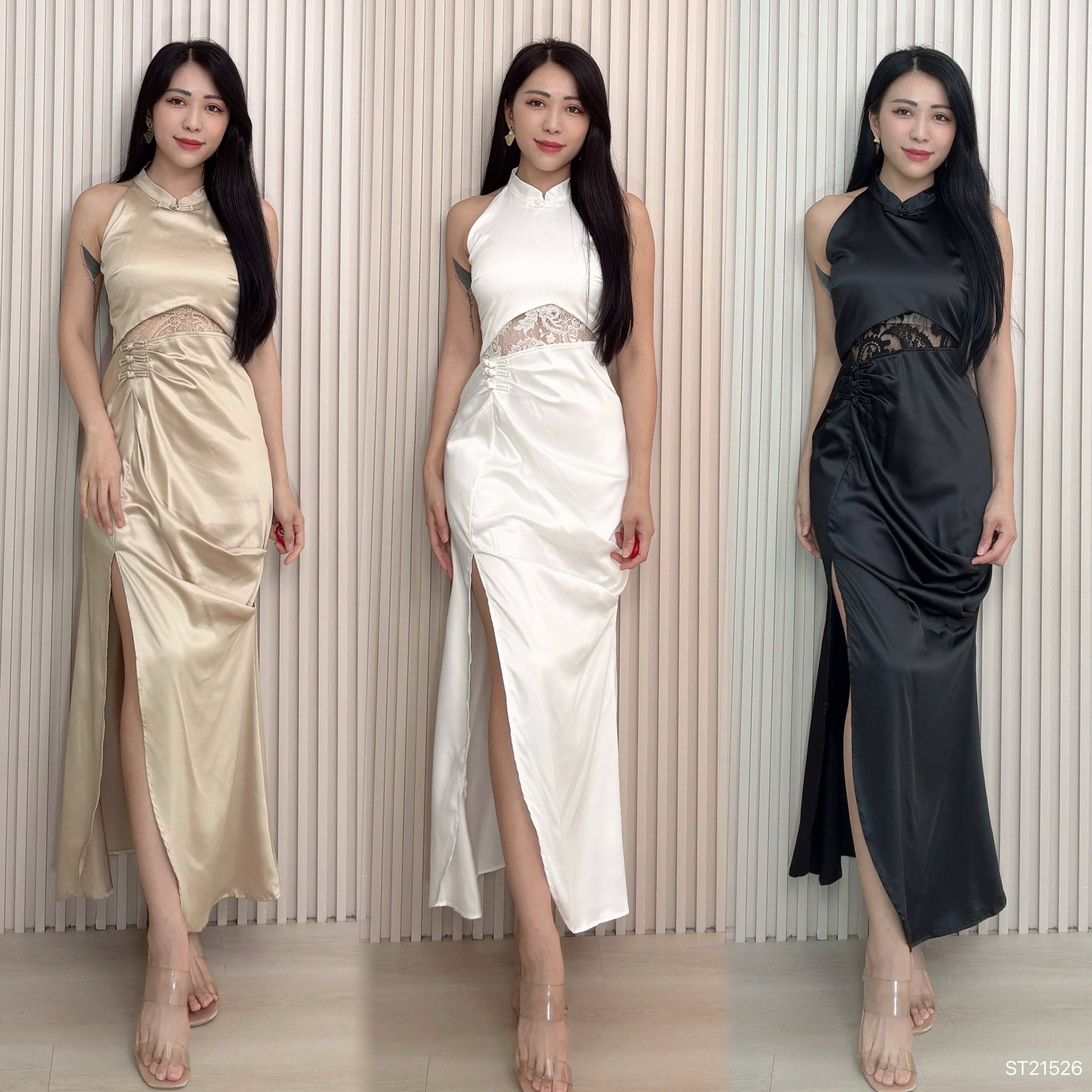 高级感压褶露腰削肩设计长版旗袍 (ST21526)