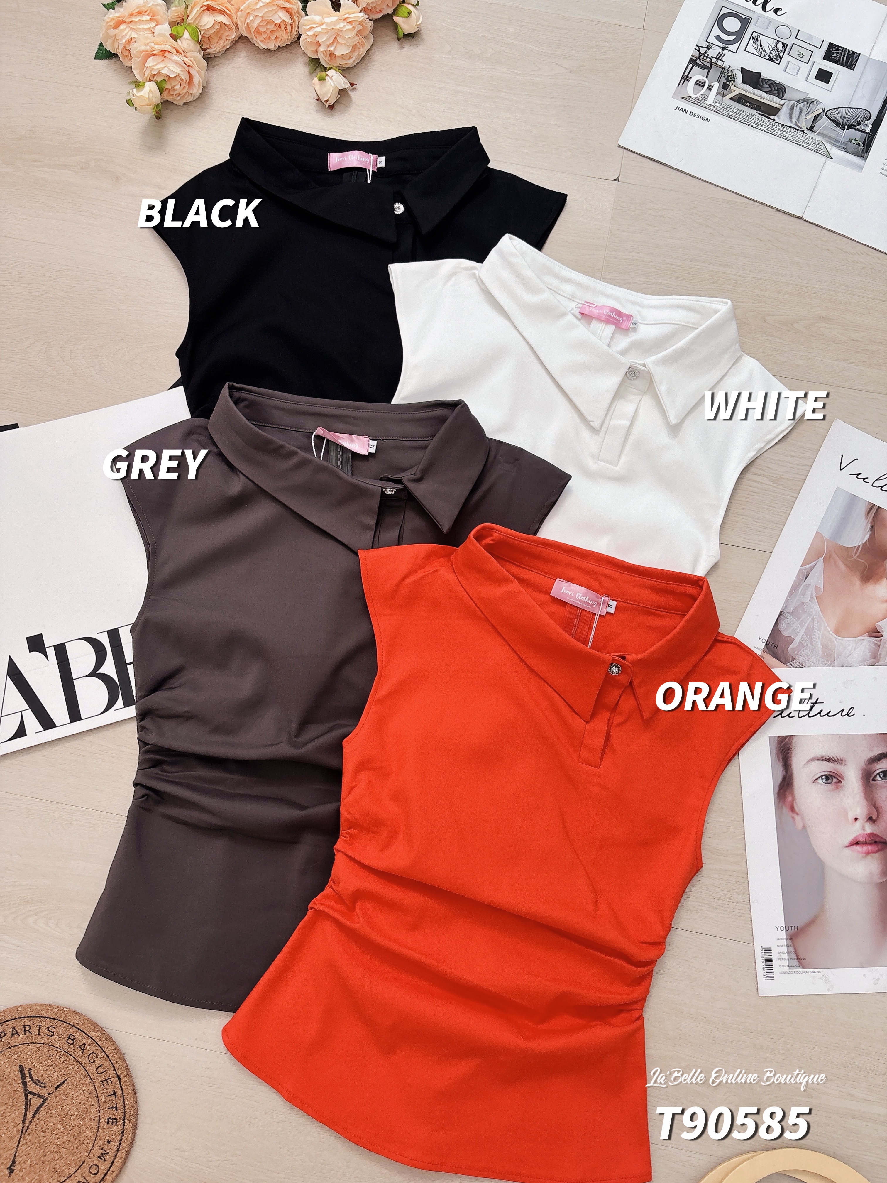 韩系褶皱设计翻领无袖上衣 (T90585)