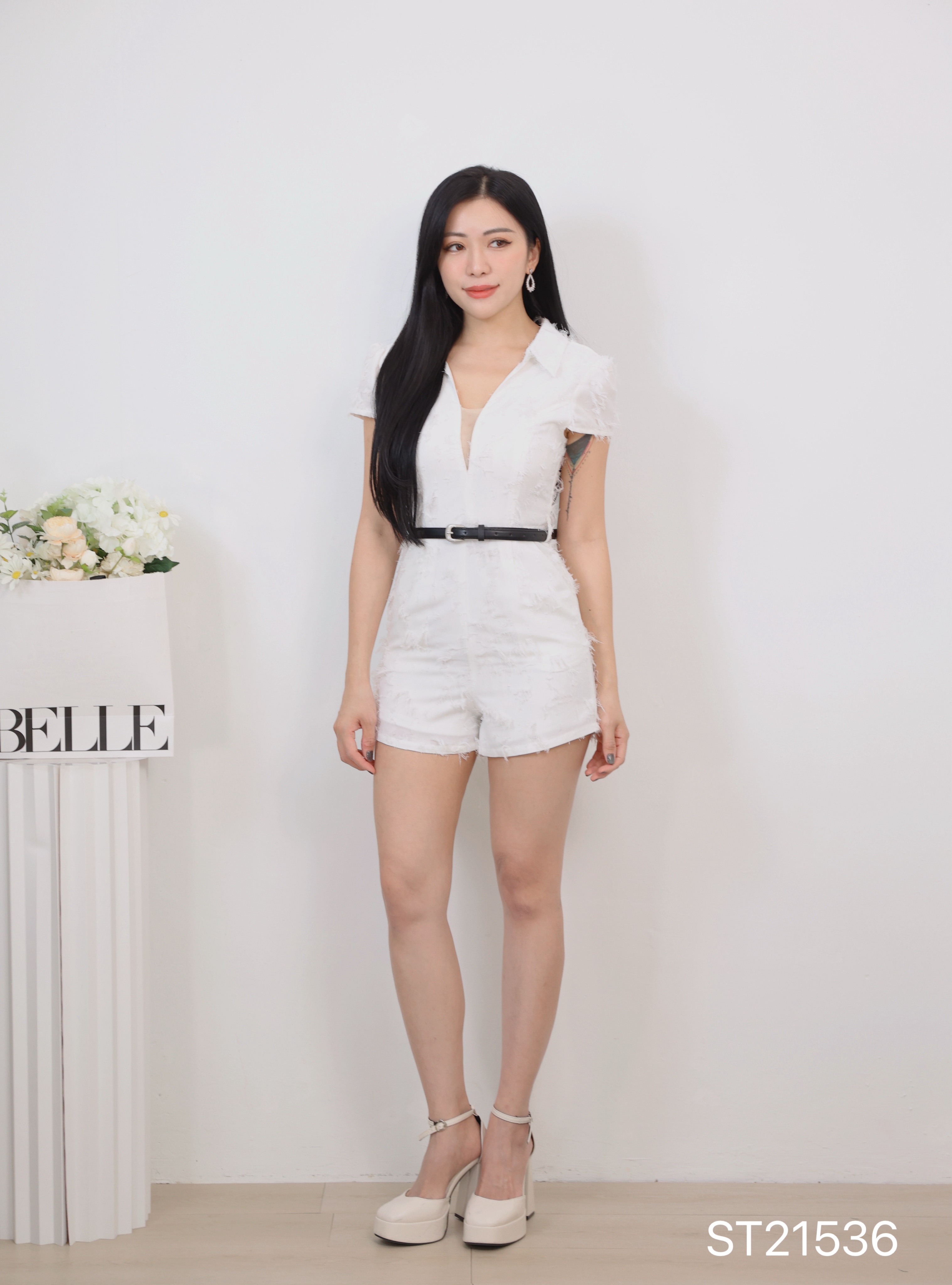 小香风微透V领流苏设计连身裤 (ST21536)