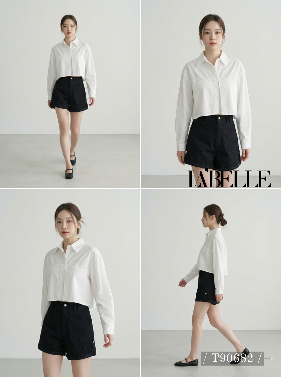 设计感翻领短款长袖衬衫 (T90686)