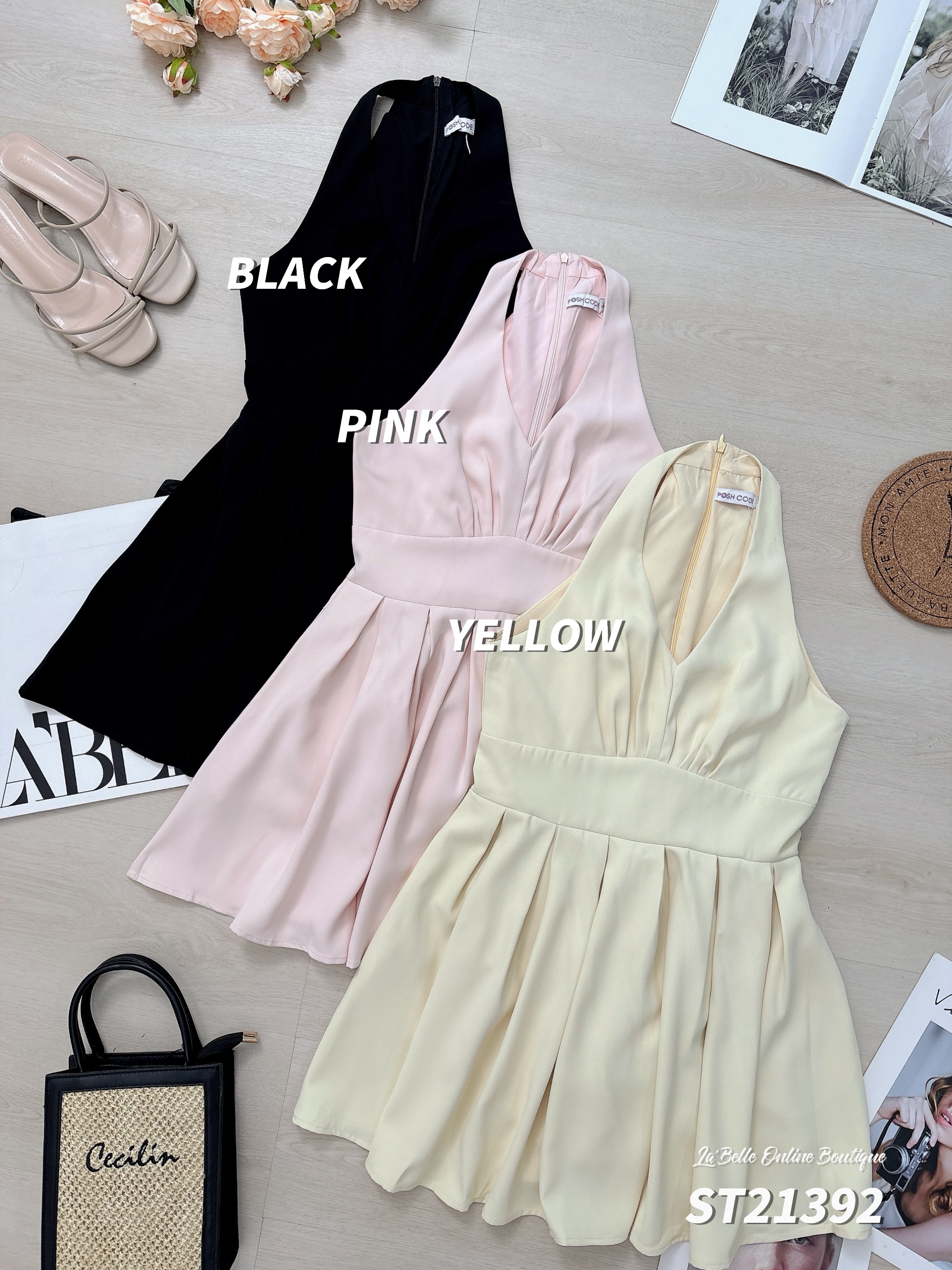 法式削肩百褶下摆设计V领连身裤裙 (ST21392)