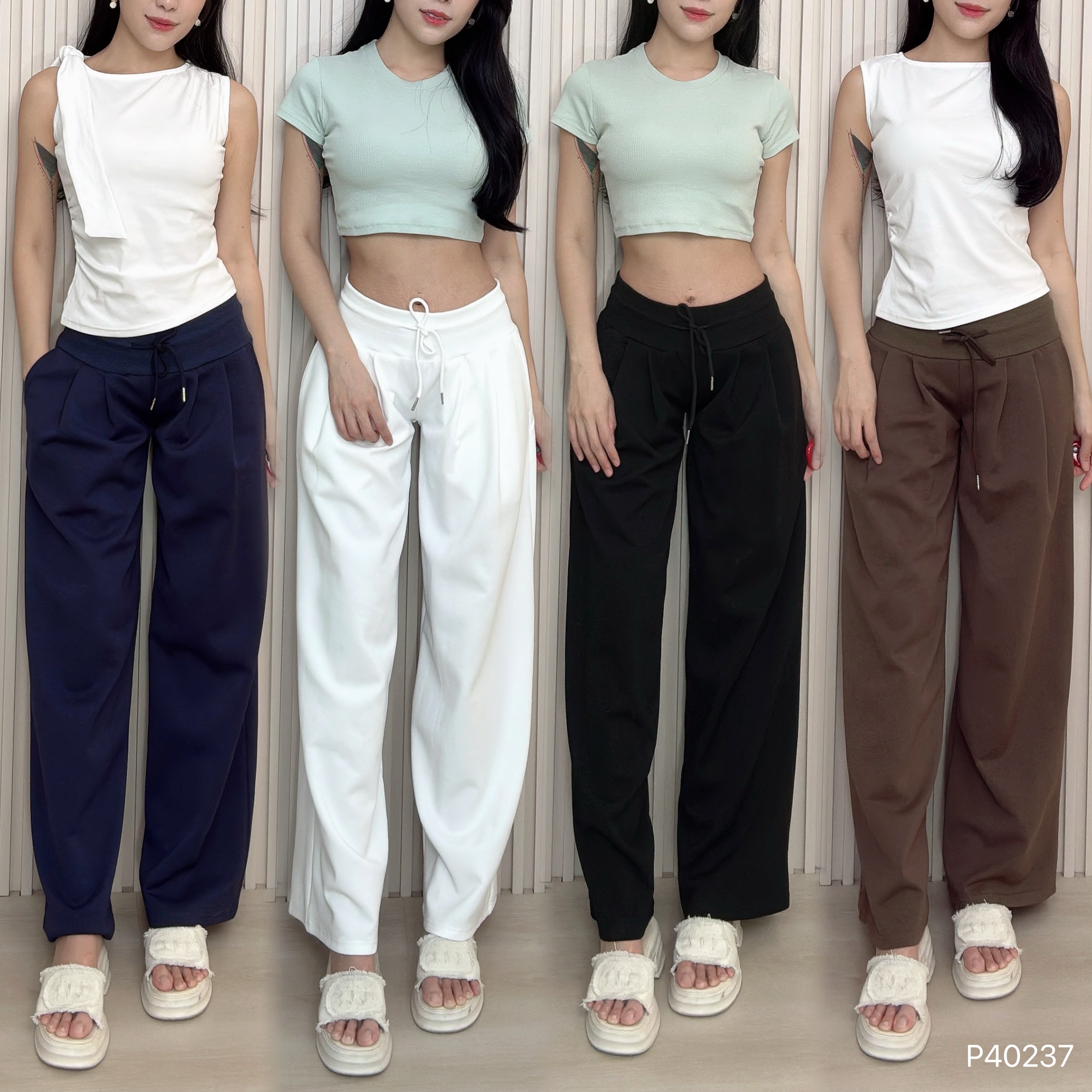 休闲抽绳设计直筒阔腿长裤 (P40237)