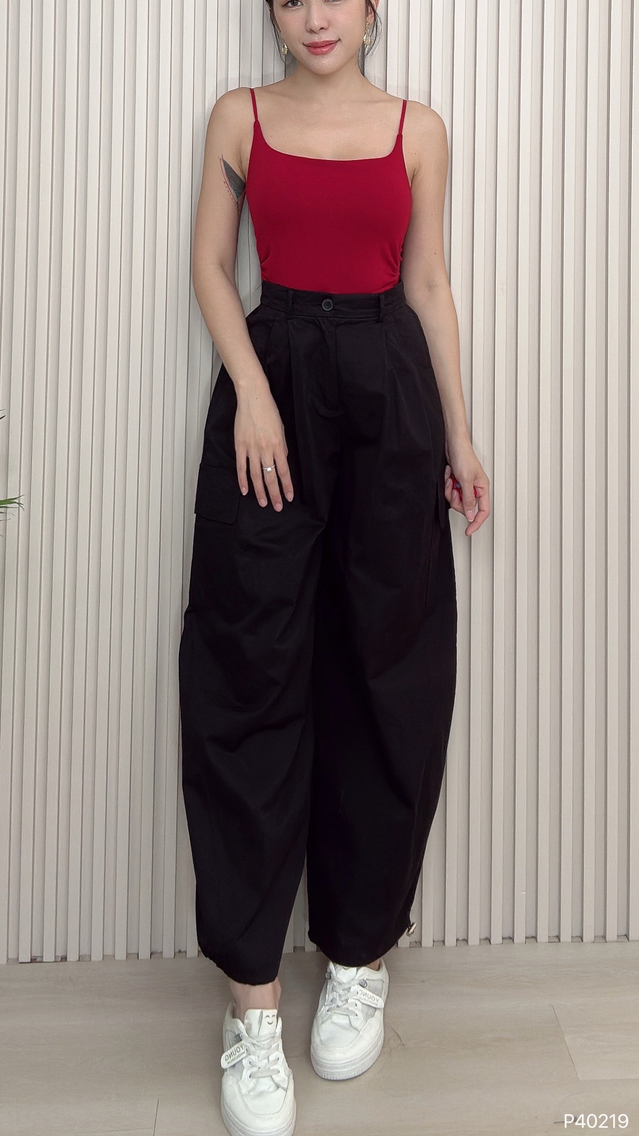 酷帅工装抽绳设计阔腿高腰长裤 (P40219)