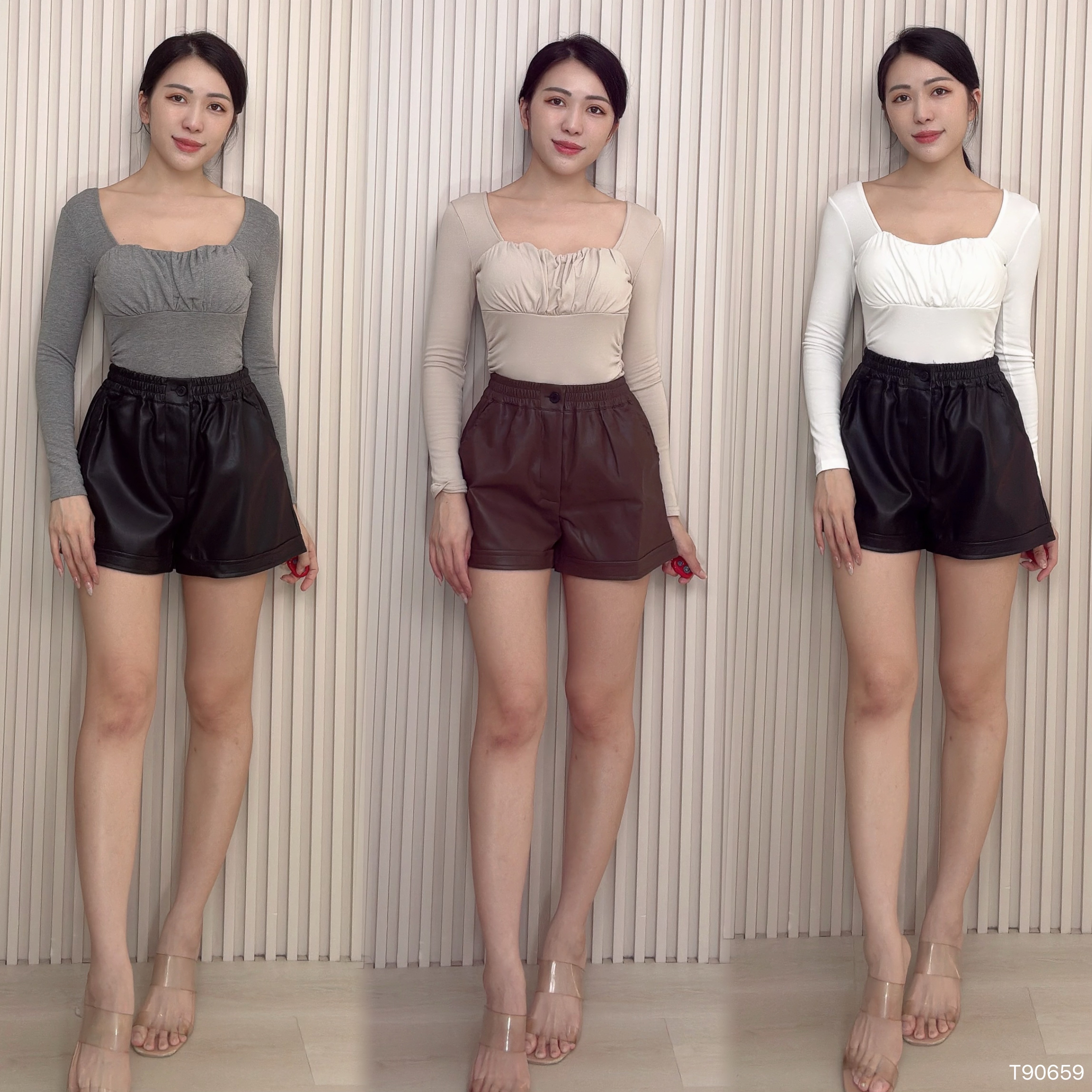 韩系方领褶皱收腰设计长袖上衣 (T90659)