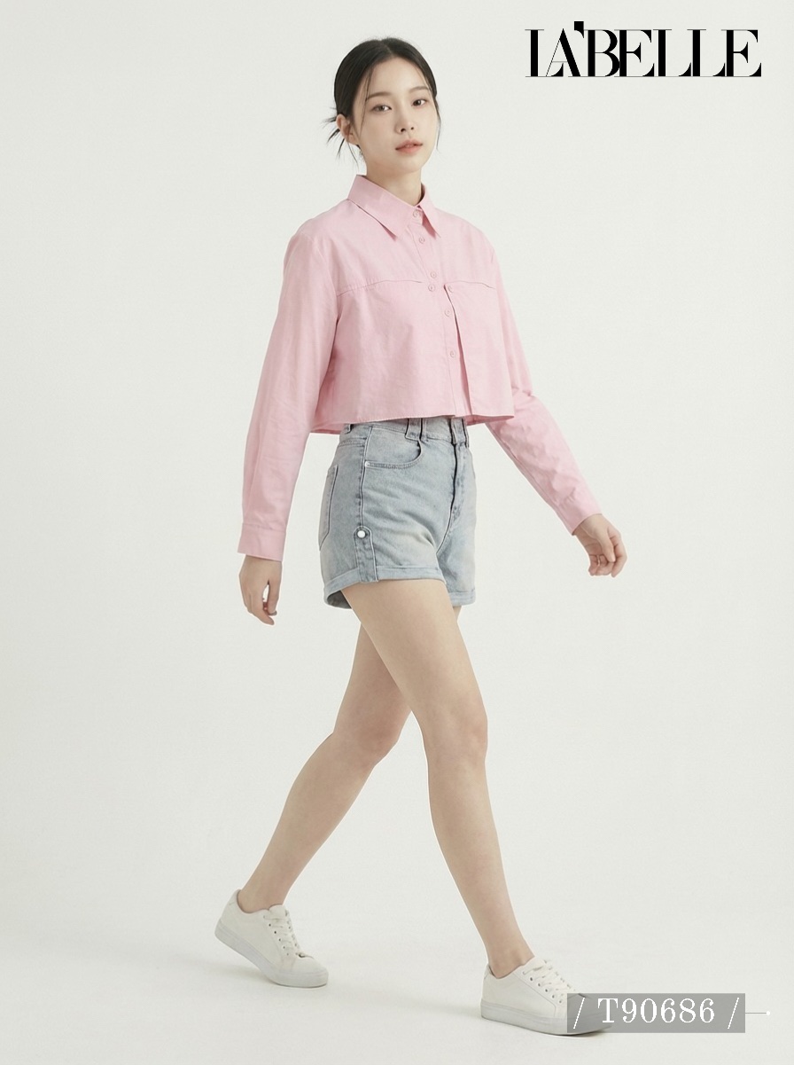 设计感翻领短款长袖衬衫 (T90686)