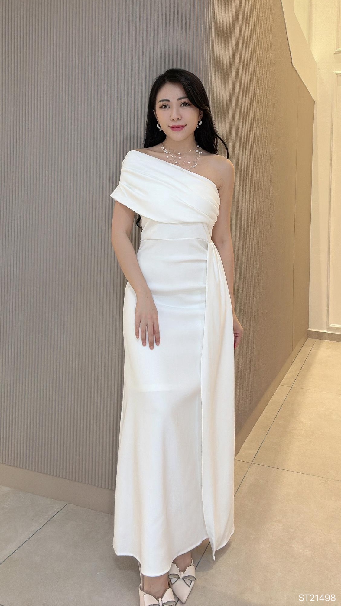 绝美一字斜肩压褶设计抹胸宴会连身裙 (ST21498)