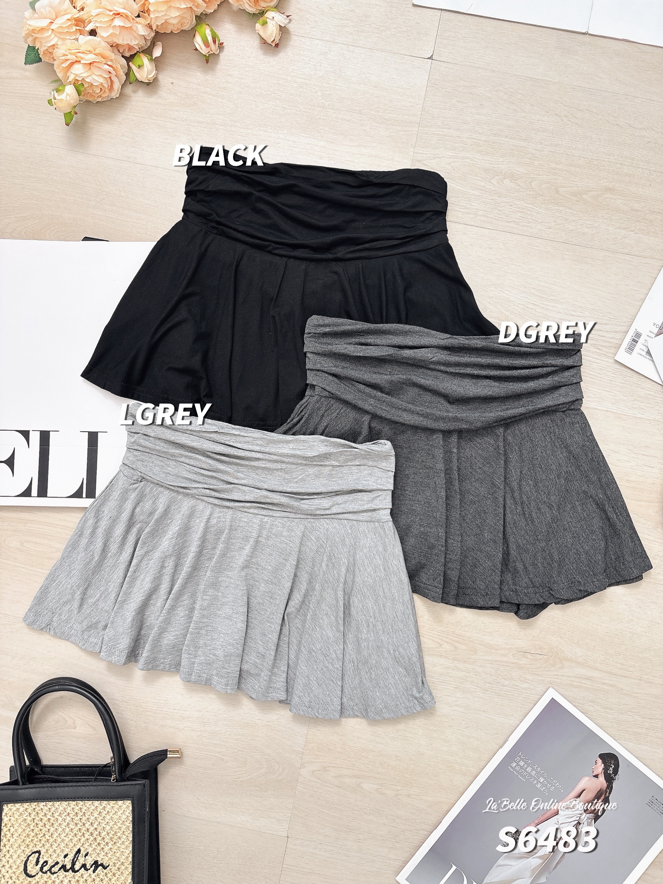 百搭褶皱设计伞状高腰短裙 (S6483)